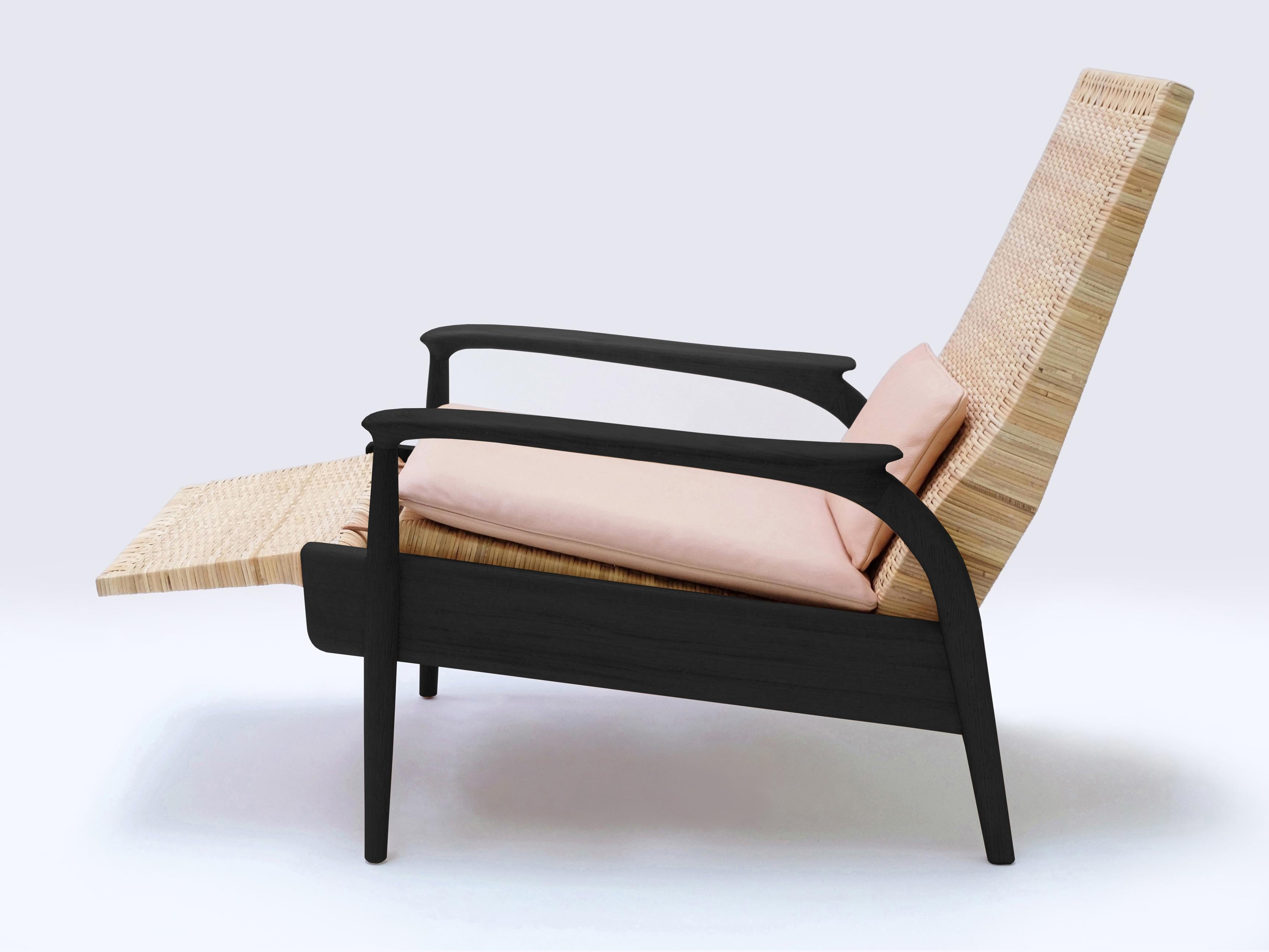 English Pair of Eco-Armchairs, Blackened Oak, Handwoven Natural Cane, Leather Cushions For Sale