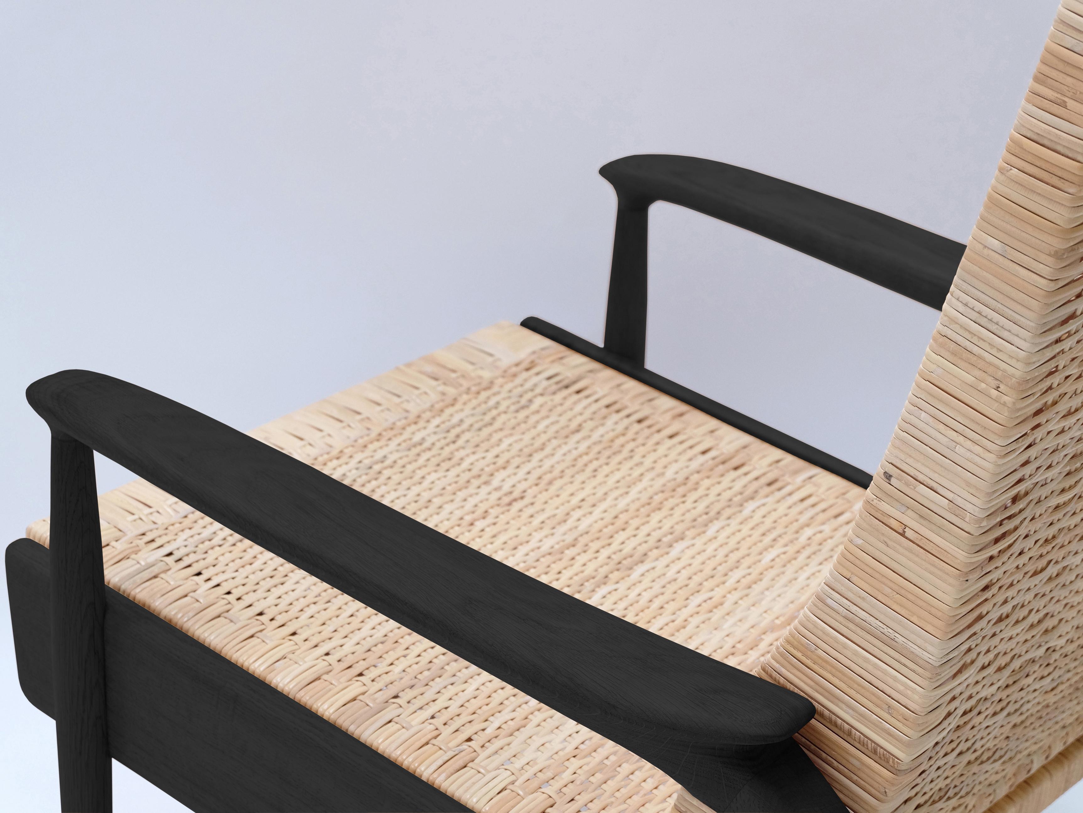 Paar Eco-Sessel, geschwärzte Eiche, handgewebter Naturschilfrohr, Lederkissen im Zustand „Neu“ im Angebot in London, GB