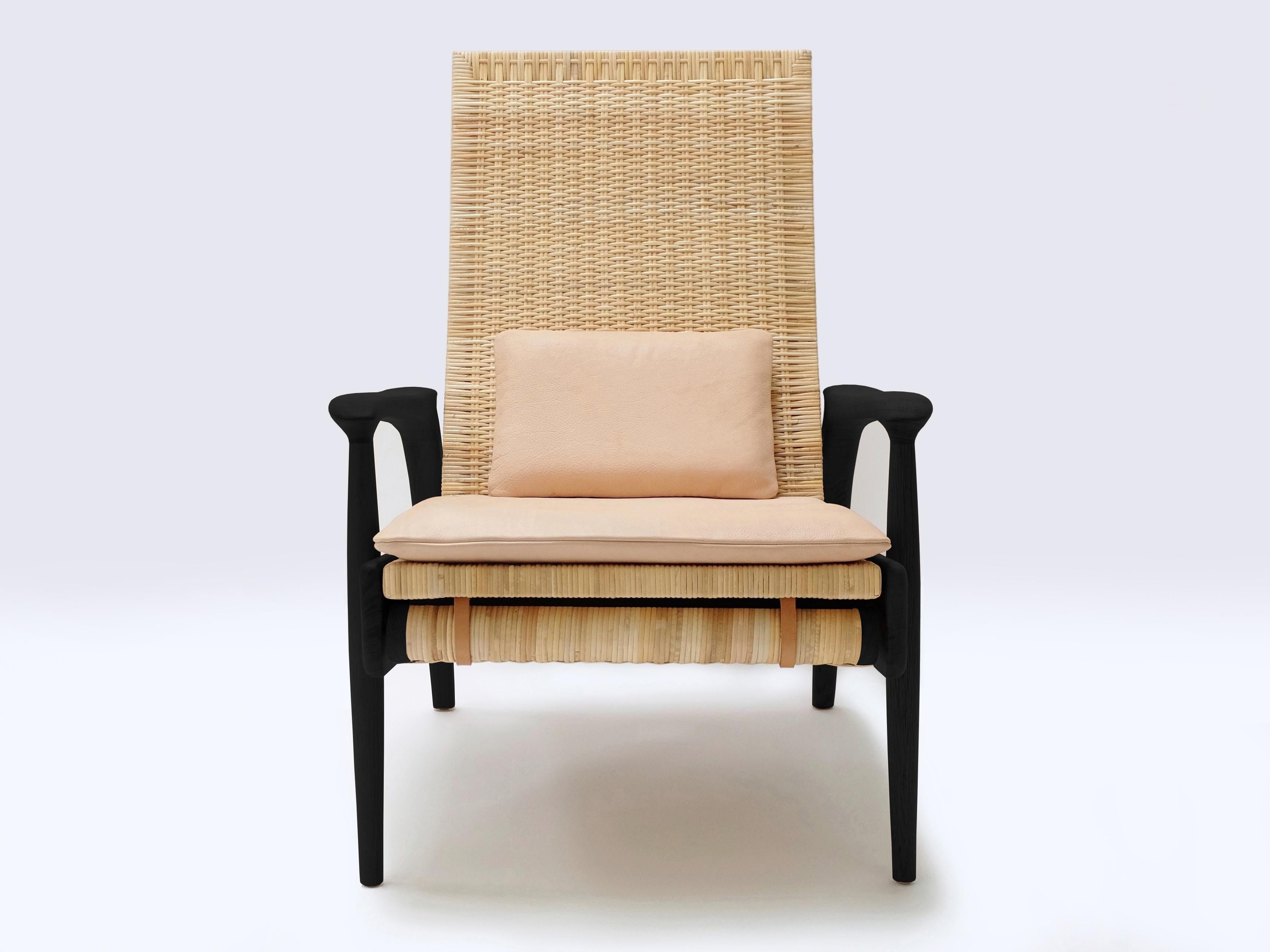 Contemporary Pair of Eco-Armchairs, Blackened Oak, Handwoven Natural Cane, Leather Cushions For Sale