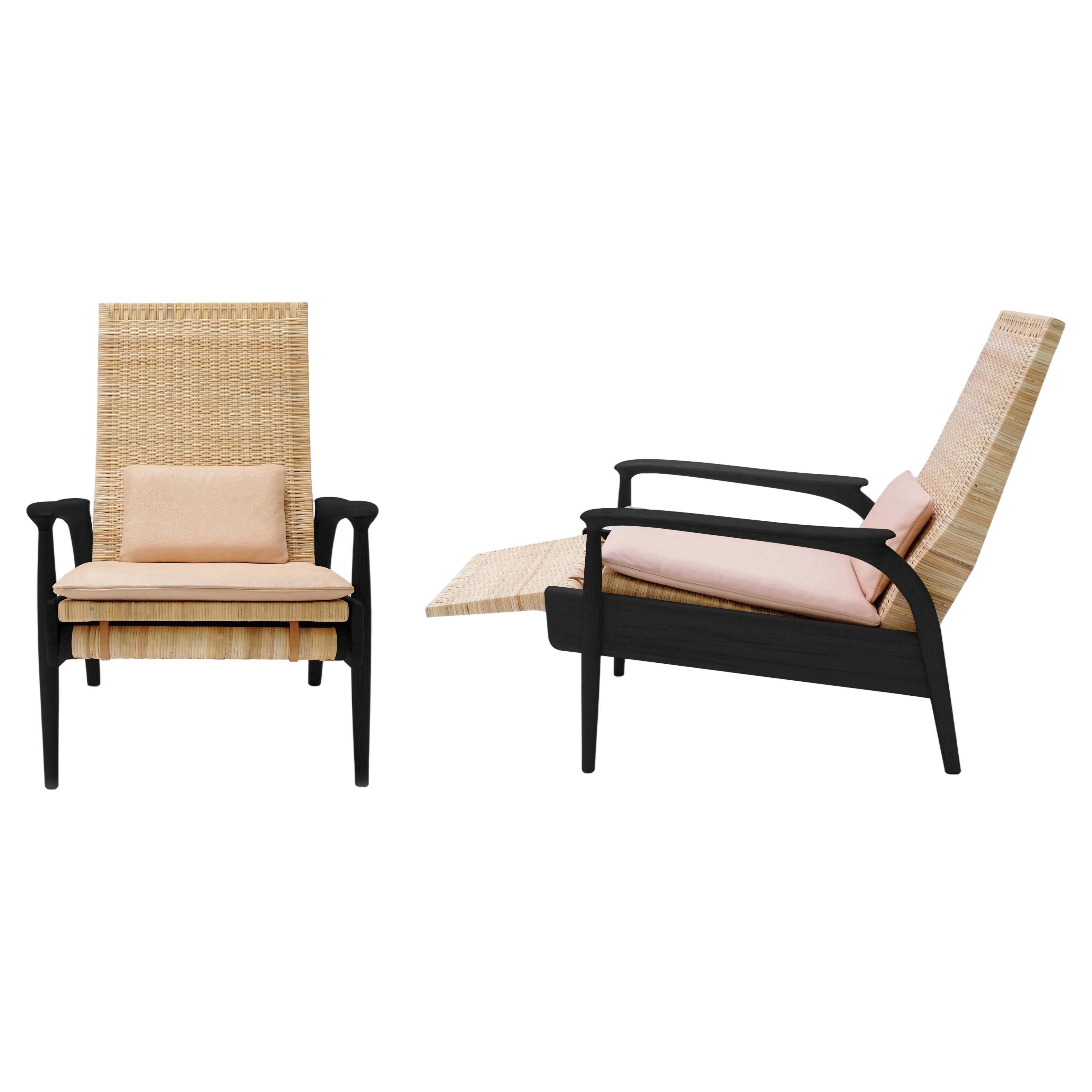 Pair of Eco-Armchairs, Blackened Oak, Handwoven Natural Cane, Leather Cushions