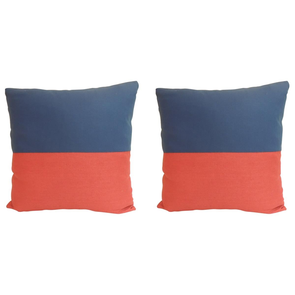 Pair of "Eco" Red and Blue Nautical Flag Inspired Square Decorative Pillows