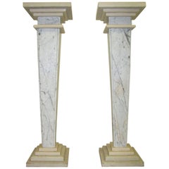 Used Pair of Ecru Carrara Marble Columns / Pedestals 20th Century