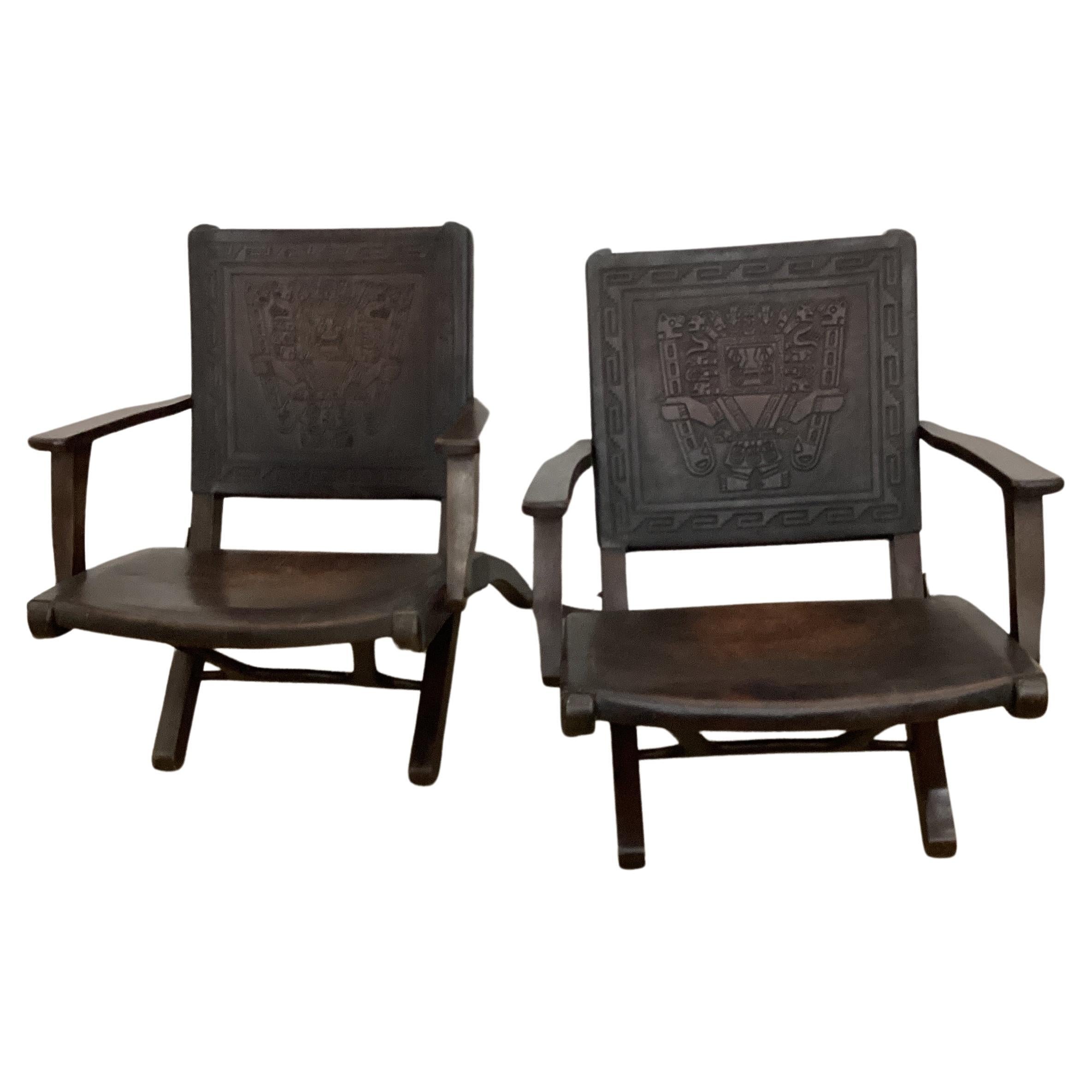 Pair of Ecuadorian Angel Pazmino Embossed Leather Folding Armchairs