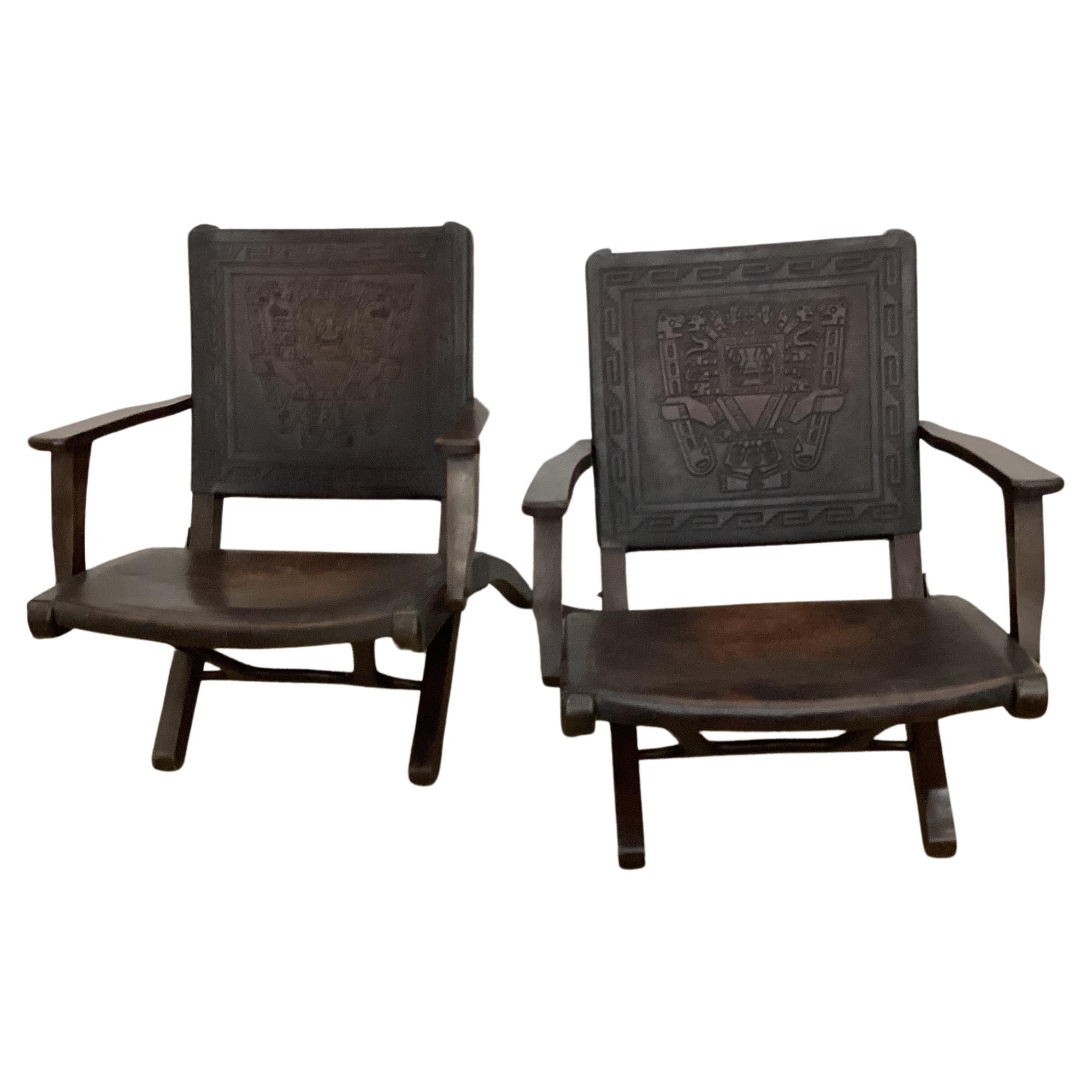 Pair of Ecuadorian Angel Pazmino Embossed Leather Folding Armchairs  For Sale