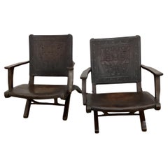 Used Pair of Ecuadorian Angel Pazmino Embossed Leather Folding Armchairs 