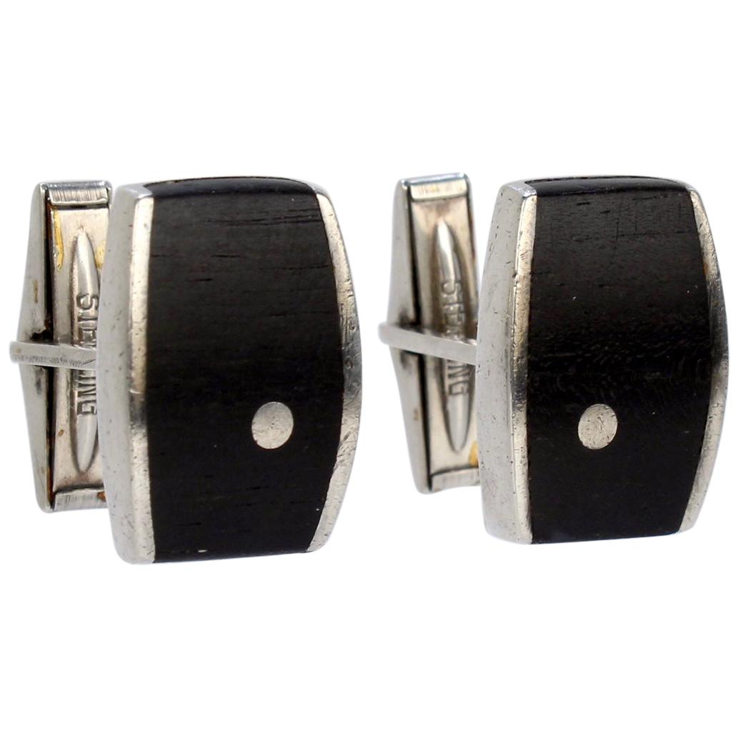 Pair of Ed Wiener Modernist Sterling Silver and Ebony Wood Cufflinks