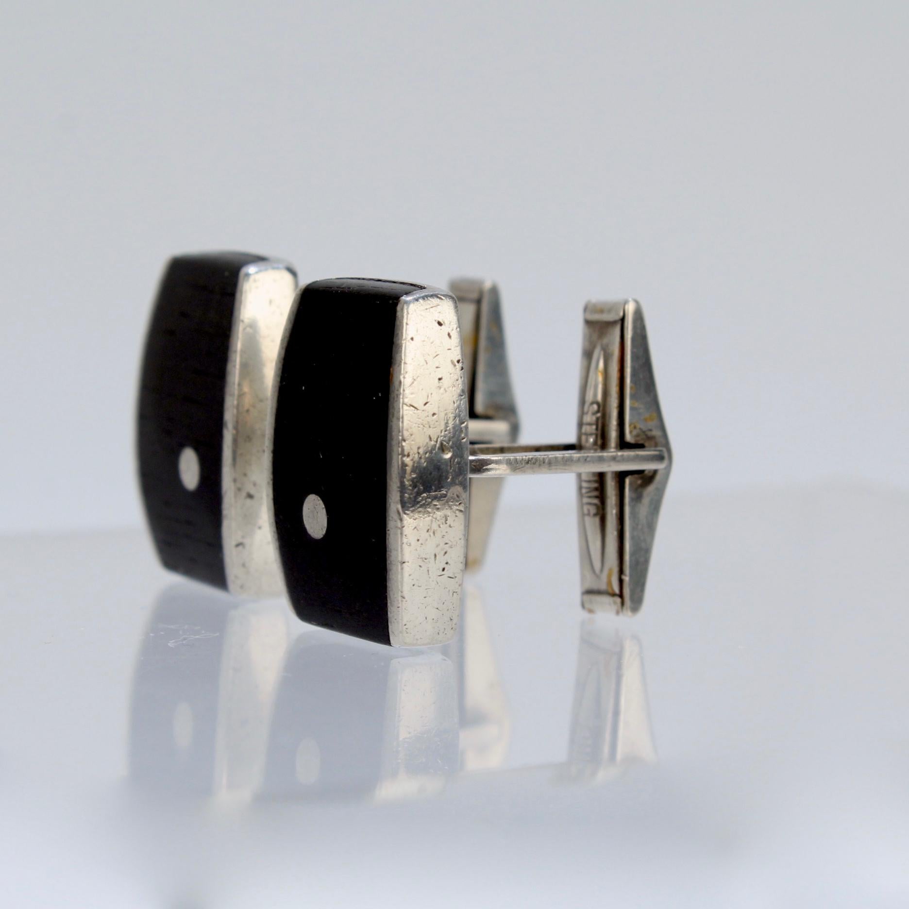 Pair of Ed Wiener Modernist Sterling Silver and Ebony Wood Cufflinks For Sale 4