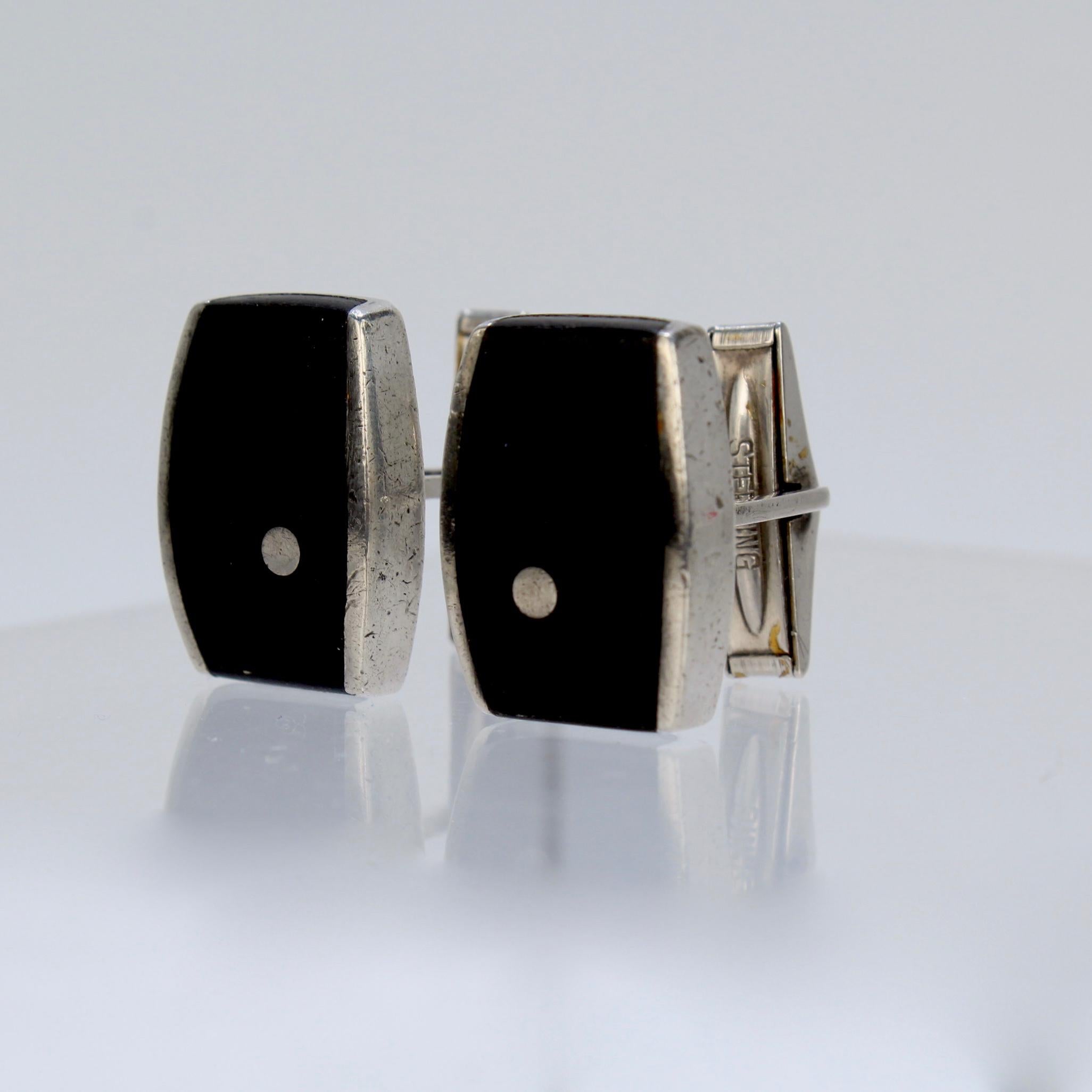 Pair of Ed Wiener Modernist Sterling Silver and Ebony Wood Cufflinks For Sale 5