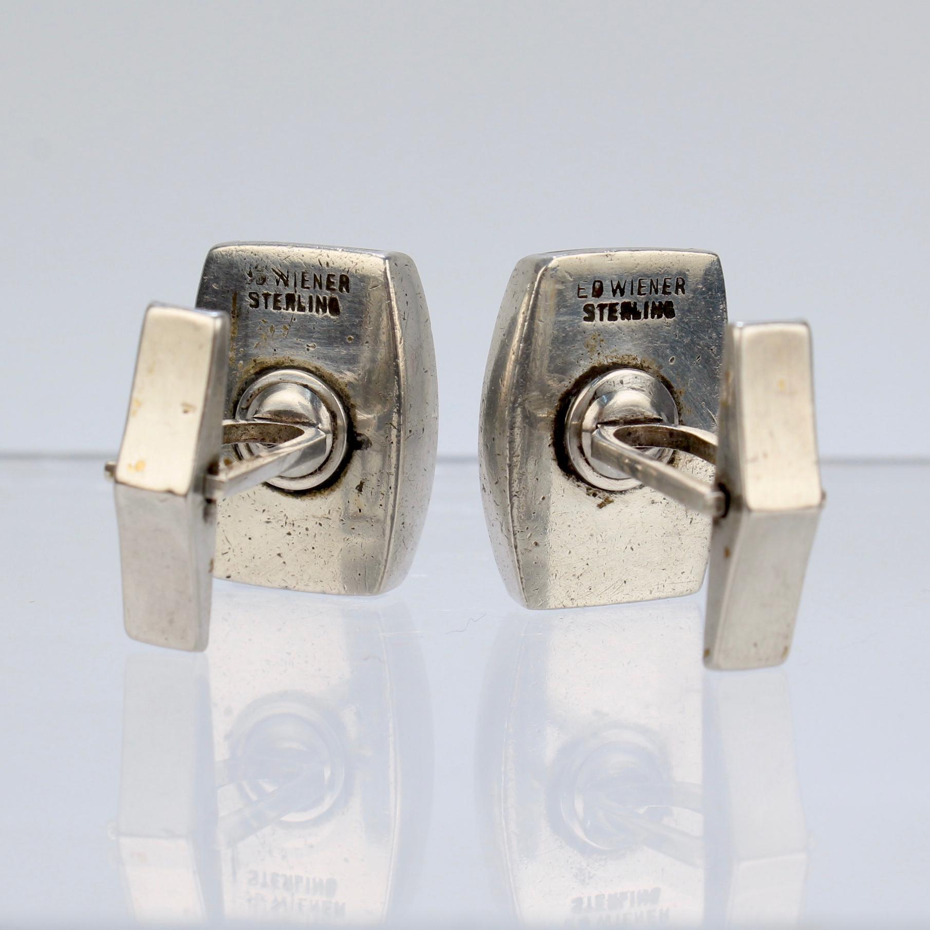 Pair of Ed Wiener Modernist Sterling Silver and Ebony Wood Cufflinks For Sale 6