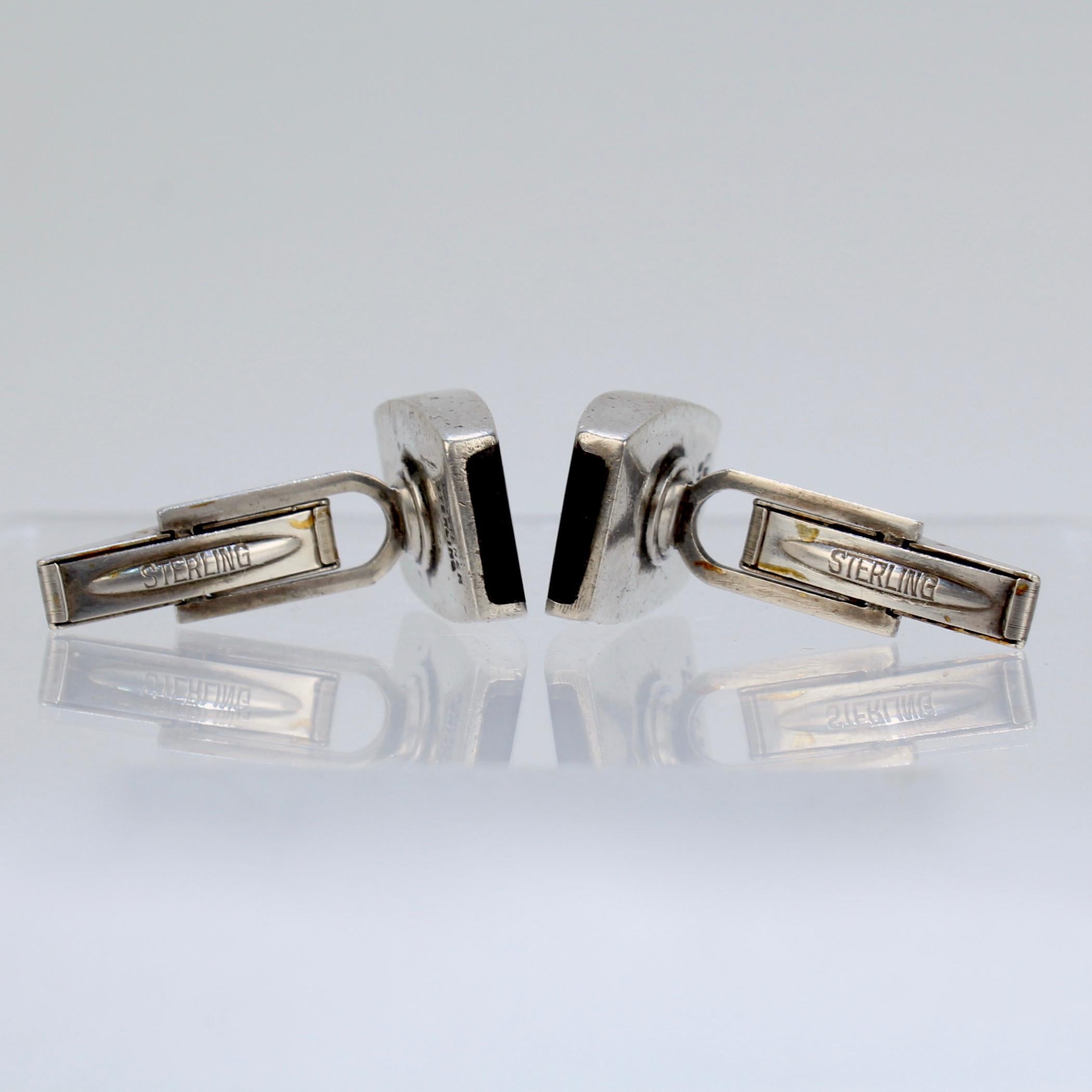 Pair of Ed Wiener Modernist Sterling Silver and Ebony Wood Cufflinks For Sale 7
