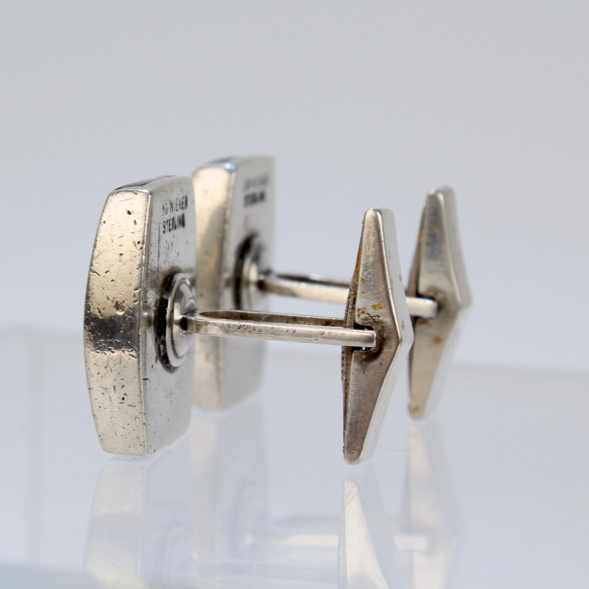 Pair of Ed Wiener Modernist Sterling Silver and Ebony Wood Cufflinks For Sale 2