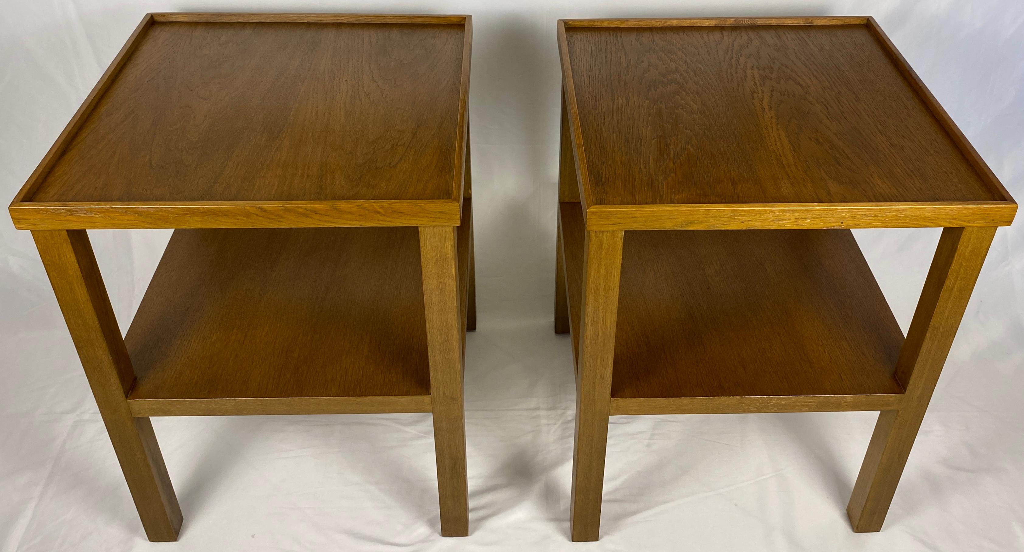 Pair Edward Wormley Style Wooden Two Tier End/Side Tables, MCM Oak Nightstands For Sale 2