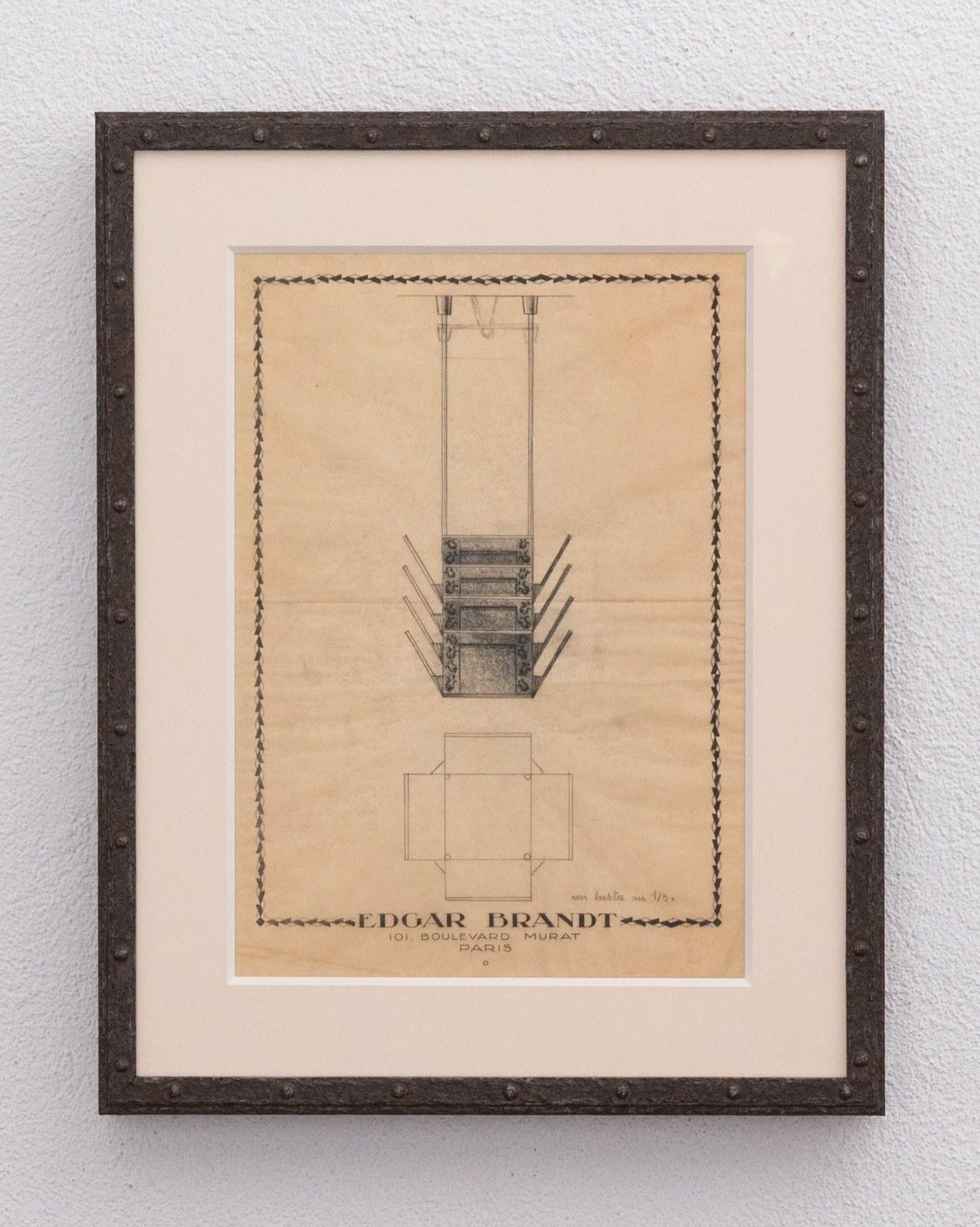 Fine pair of original charcoal drawings of art deco light fixtures from Edgar Brandt’s studios in Paris. Lithographic edging to the paper with the wording: EDGAR BRANDT, 101 Boulevard Murat, Paris. France, circa 1940 Priced for the pair.