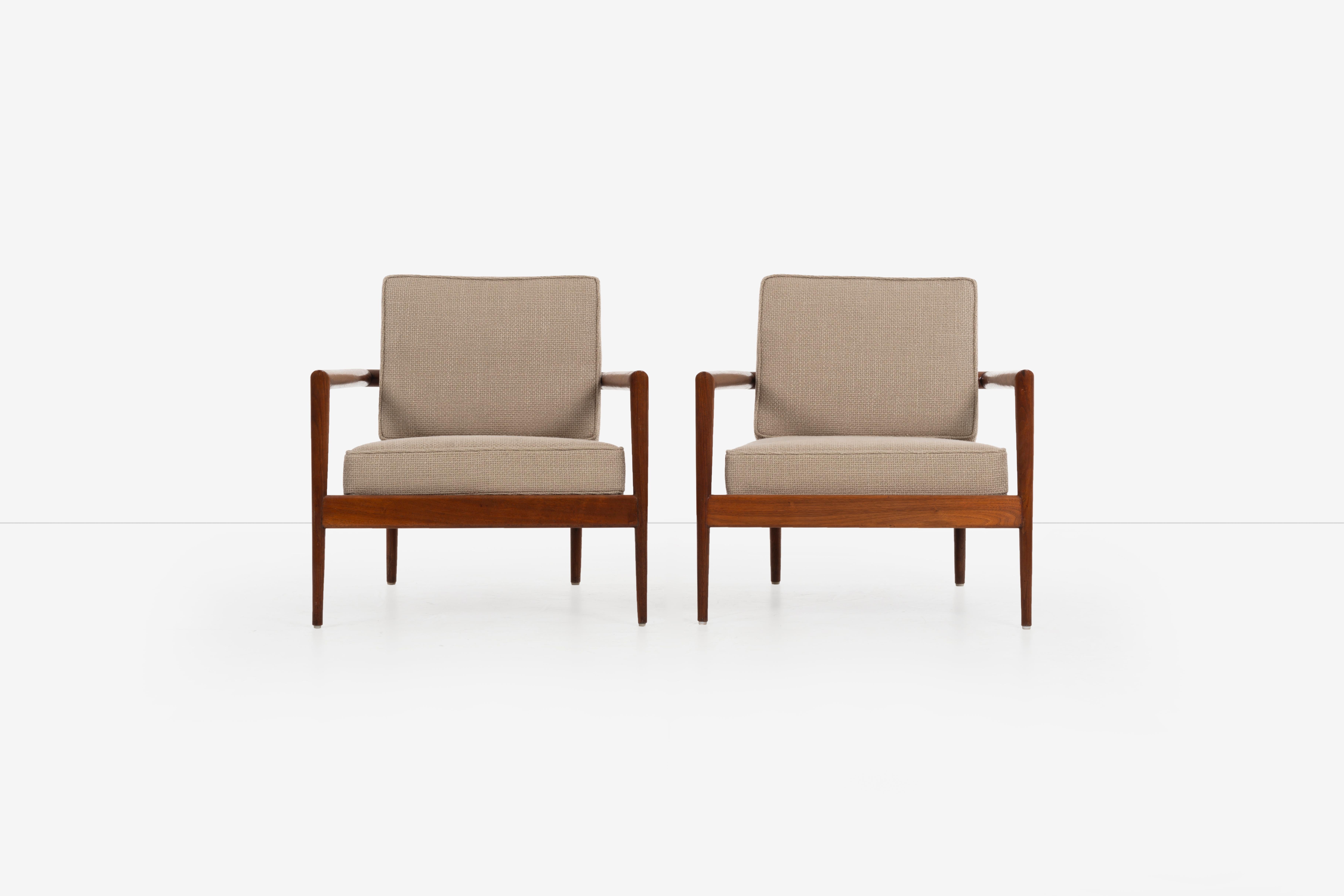 Edmond J. Spence lounge chairs, solid walnut frames, Windsor style back with loose cushion seat and back reupholstered with Great Plains [SONOMA: PEAT HEATHER
1479/14].