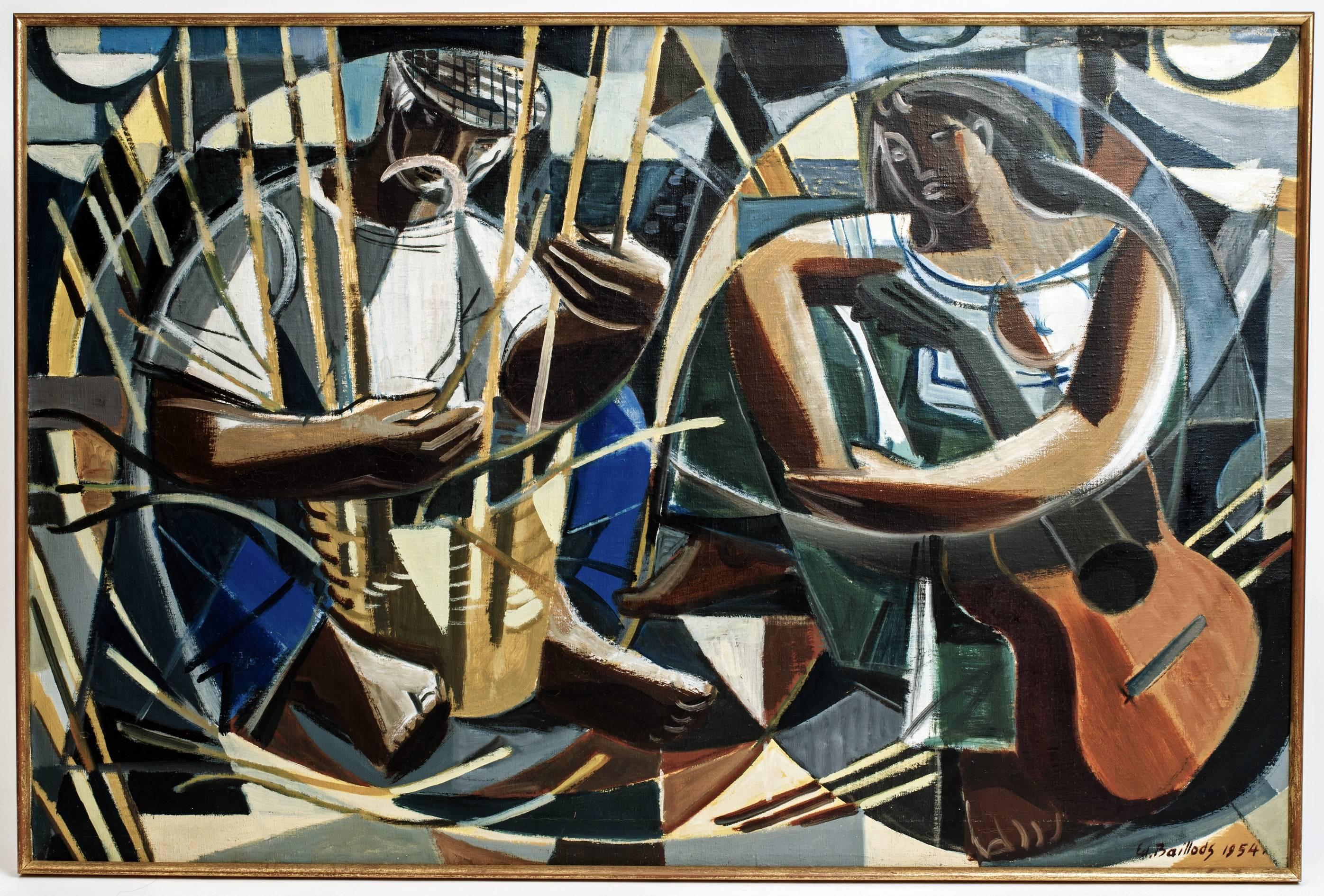 Pair of Edouard Baillods Fishermen paintings pair of fabulous cubist fishermen paintings by Swiss artist Edouard Baillods (1918-1988) consisting of two fishermen with fish and ropes and a second painting of a sitting fisherman with nets and a girl