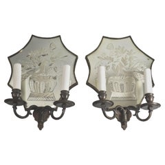 Antique Pair of Edward Caldwell Etched Peacock and Floral Mirrored Bronze Sconces