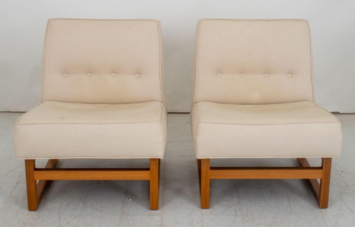Pair of Edward Wormley Attr Dunbar Slipper Chairs, circa 1950, reupholstered, wood frame. Provenance: From a Riverside Drive Collection. 