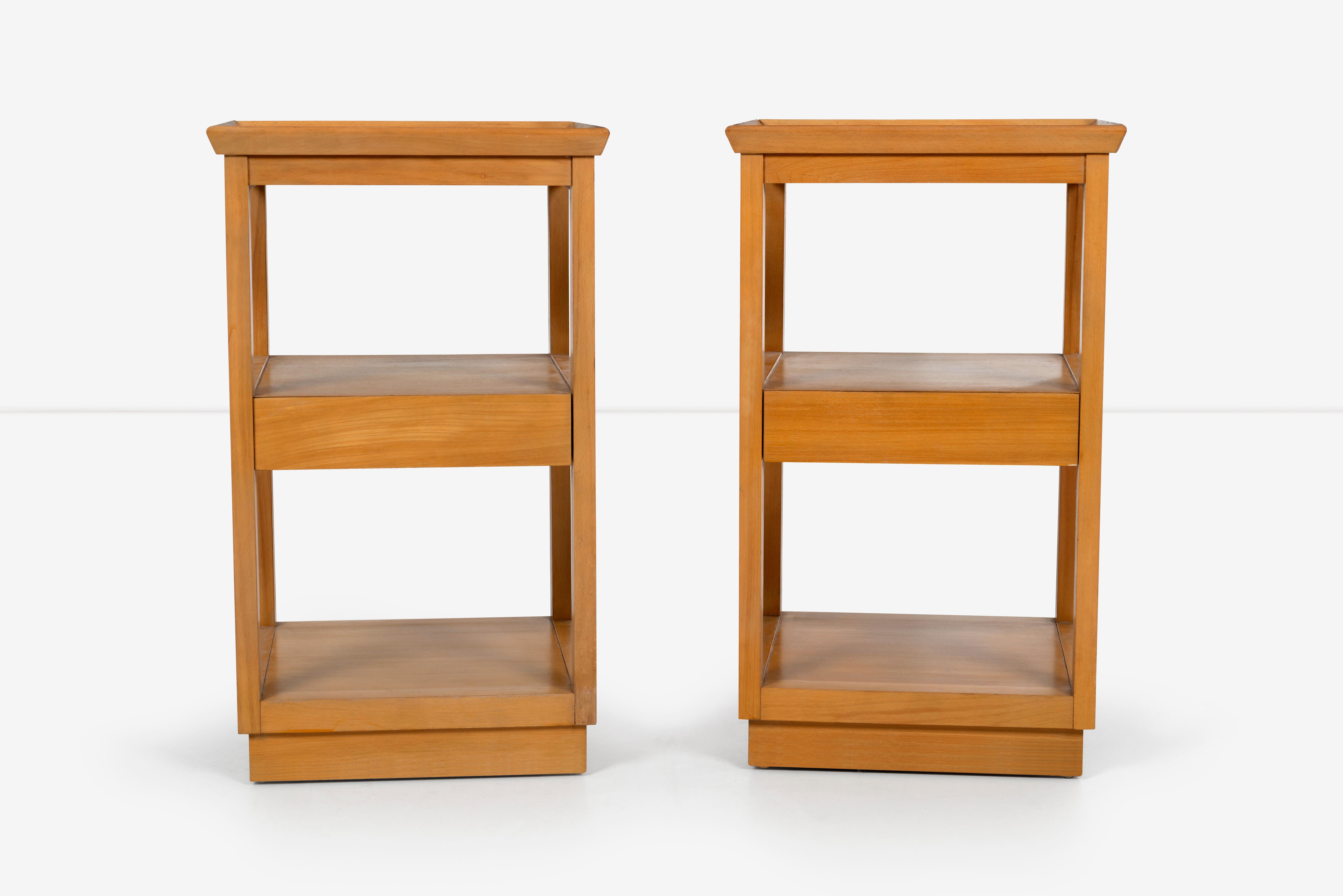 Pair of Edward Wormley end tables, elmwood structures with pull-out drawer.
Perfect scale for this tight spaces with Minimalist esthetic.
Manufacturers stamp inside drawer.