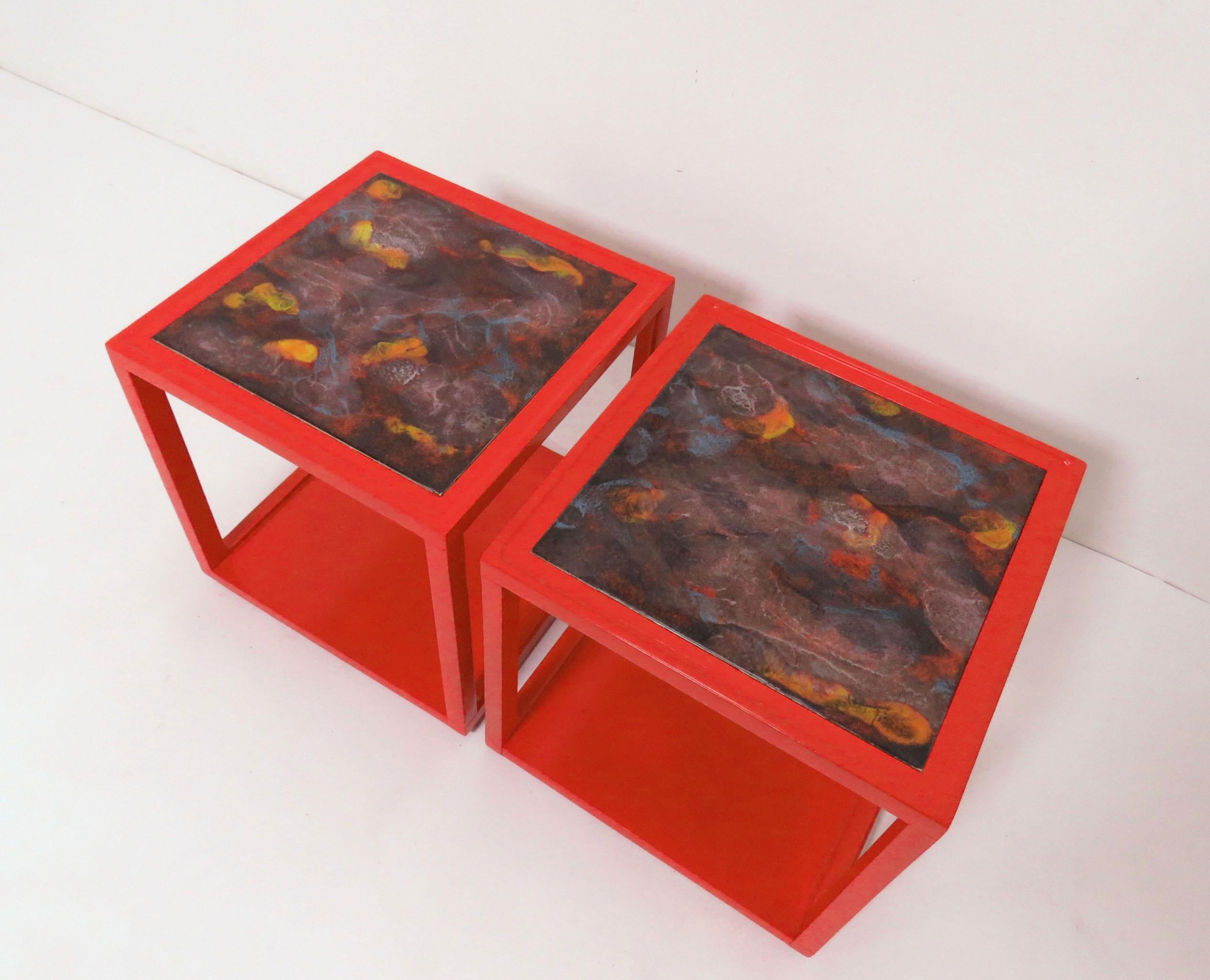 Glazed Pair of Edward Wormley for Drexel Precedent Side Tables with Tile Tops