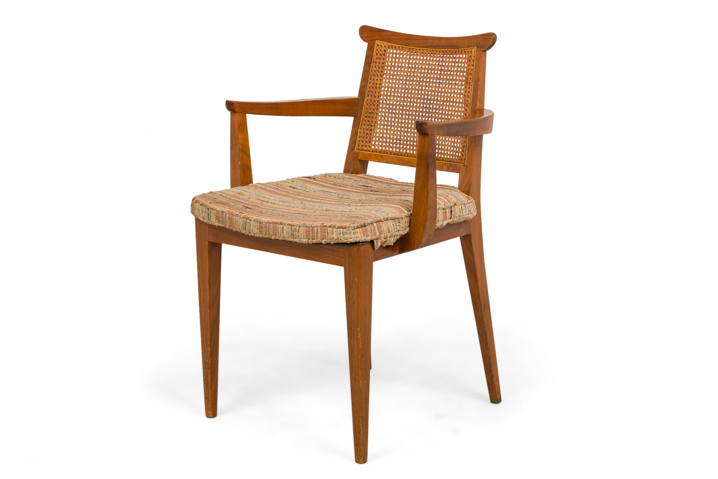 Mid-Century Modern Pair of Edward Wormley for Dunbar Caned Back Linen Seat Wooden Dining Armchairs For Sale