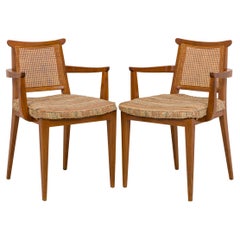 Paire de fauteuils de salle à manger Edward Wormley pour Dunbar à dossier canné et assise en lin