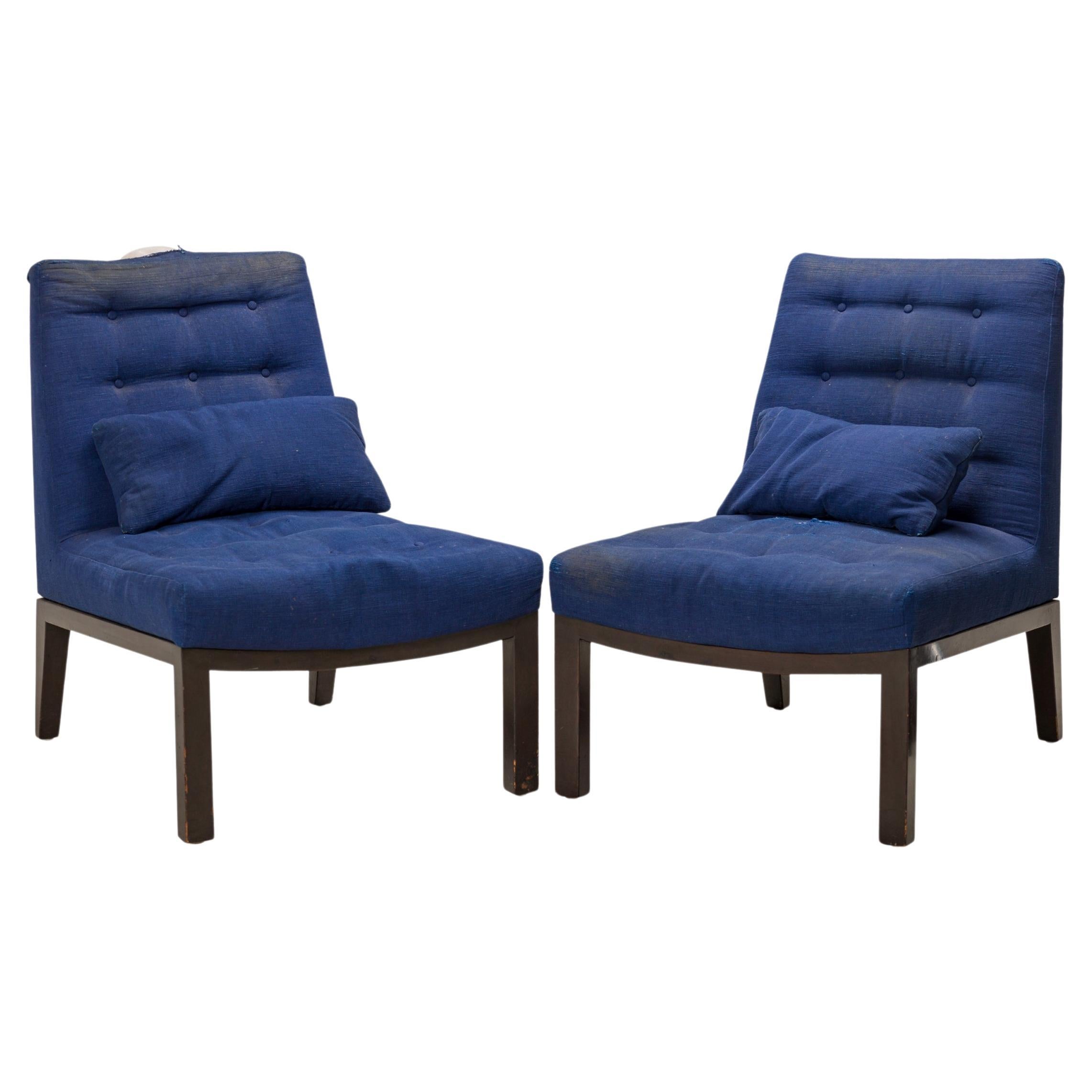 Pair of Edward Wormley for Dunbar Dark Blue Upholstered Slipper / Side Chairs