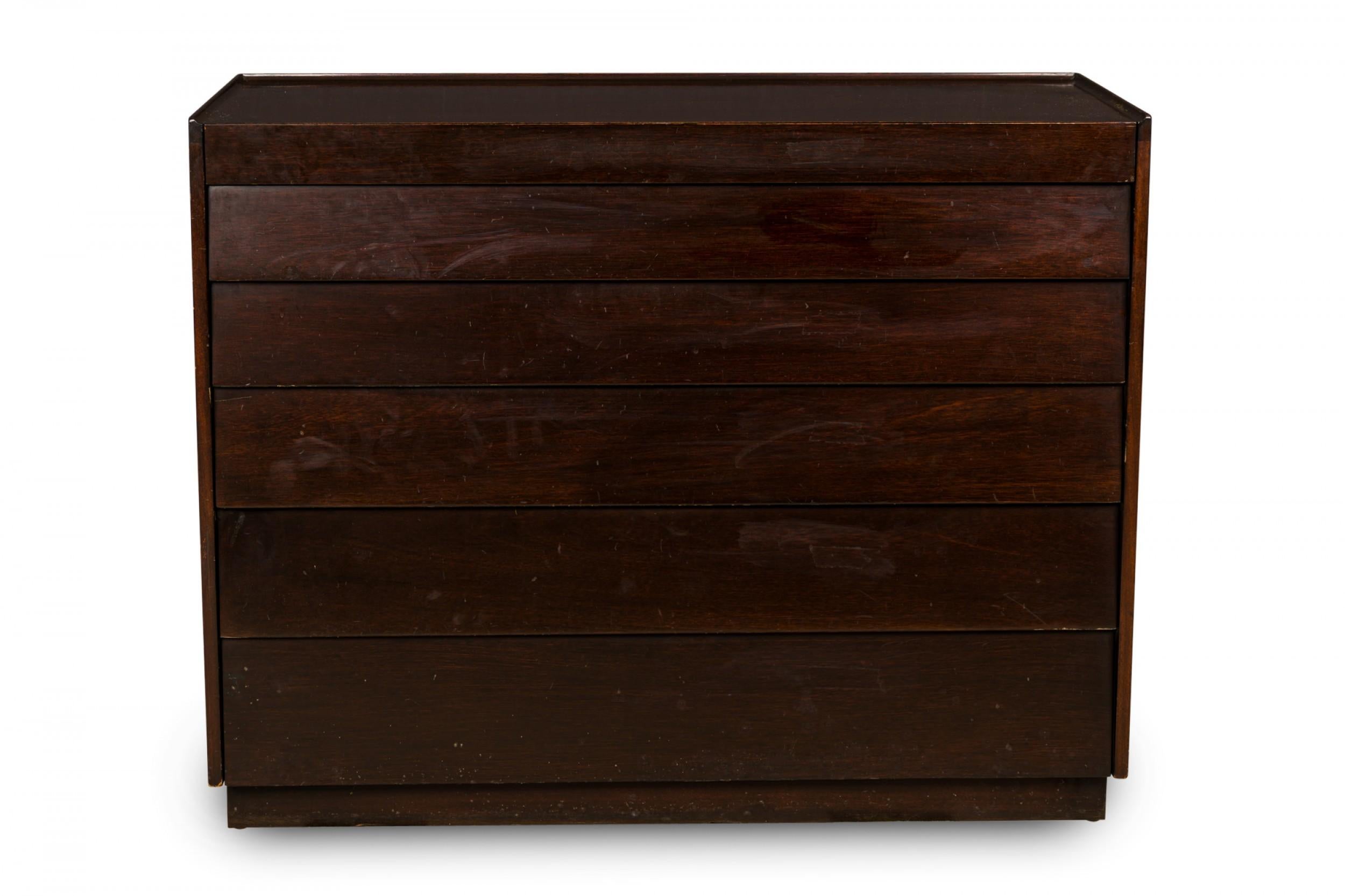 Pair of American mid-century dark lacquered wooden commodes / chests with 6 louver-front drawers in descending height. (EDWARD WORMLEY FOR DUNBAR FURNITURE COMPANY)(PRICED AS PAIR)