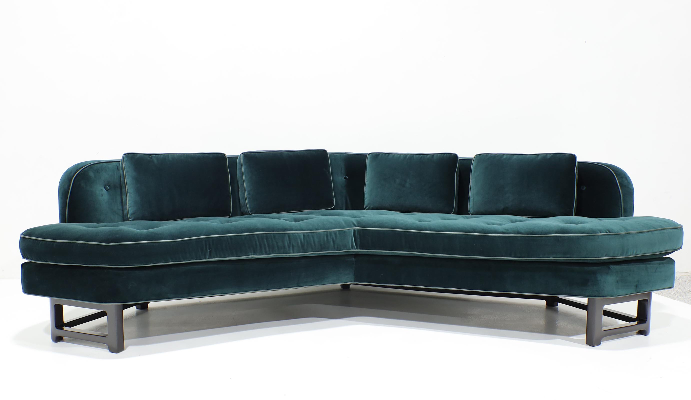 Pair of Edward Wormley for Dunbar Janus Sofas in Raf Simons Velvet w/ Leather In Good Condition For Sale In Dallas, TX