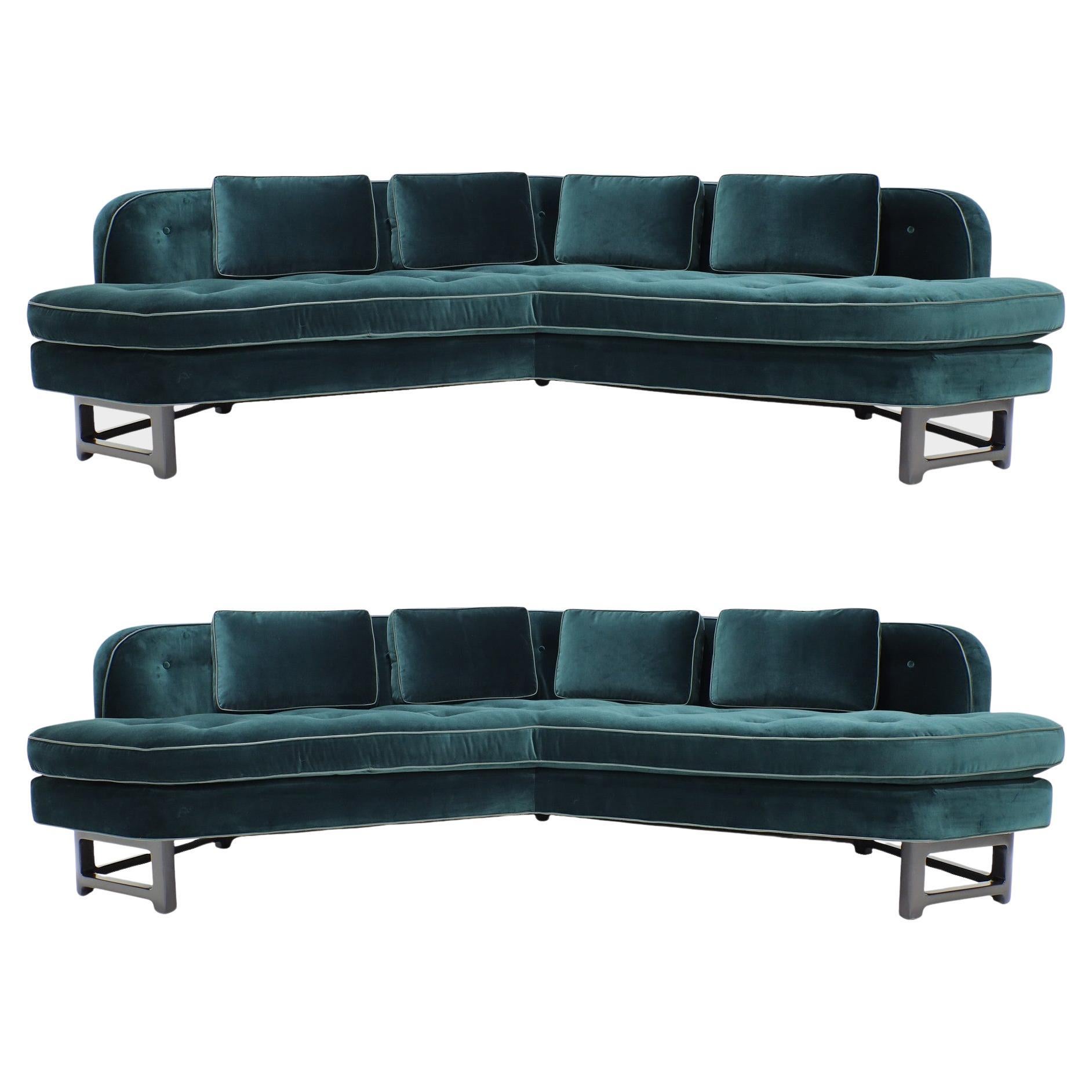 Coppia di divani Edward Wormley per Dunbar Janus in velluto e pelle di Raf Simons