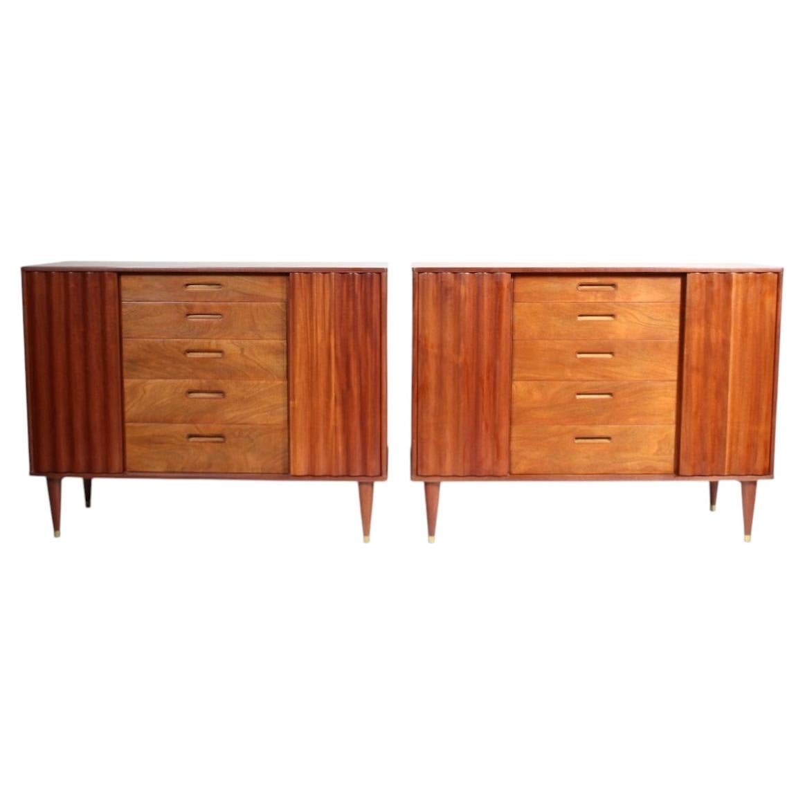 Pair of Edward Wormley for Dunbar Mahogany & Oak Waveform Cabinets, 1950's