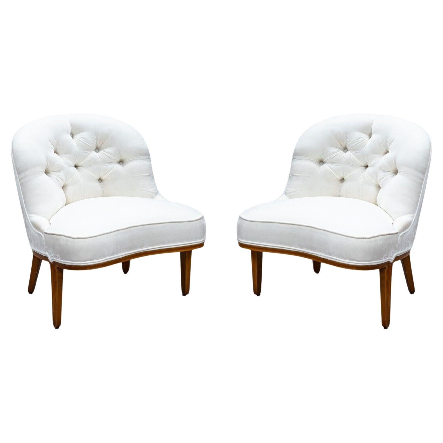 Pair of Edward Wormley for Dunbar Mid Century White Tufted Janus Slipper Chairs