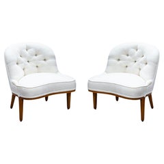 Pair of Edward Wormley for Dunbar Mid Century White Tufted Janus Slipper Chairs