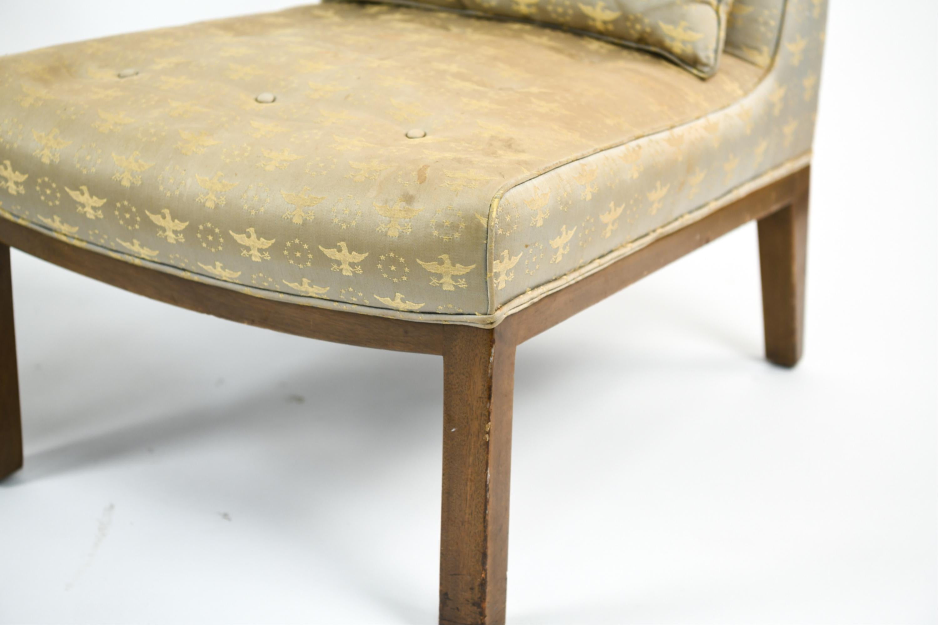 Feel truly presidential with this elegant pair of chairs from the White House. Designed by Edward Wormley for Dunbar, circa 1950s. Labeled underneath; Dunbar. Bernie, Indiana. Upholstered in a stunning patriotic pattern.