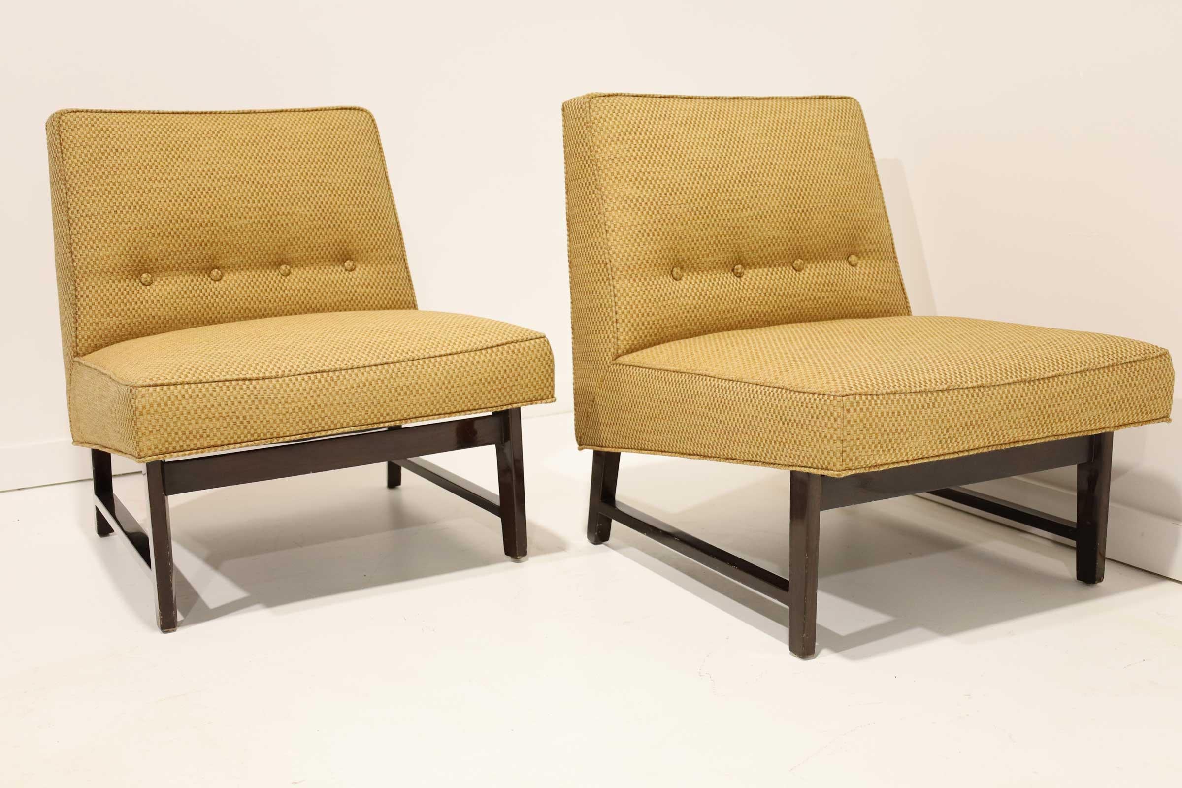 Pair of Edward Wormley for Dunbar Slipper Chairs in Gold Color Upholstery 4