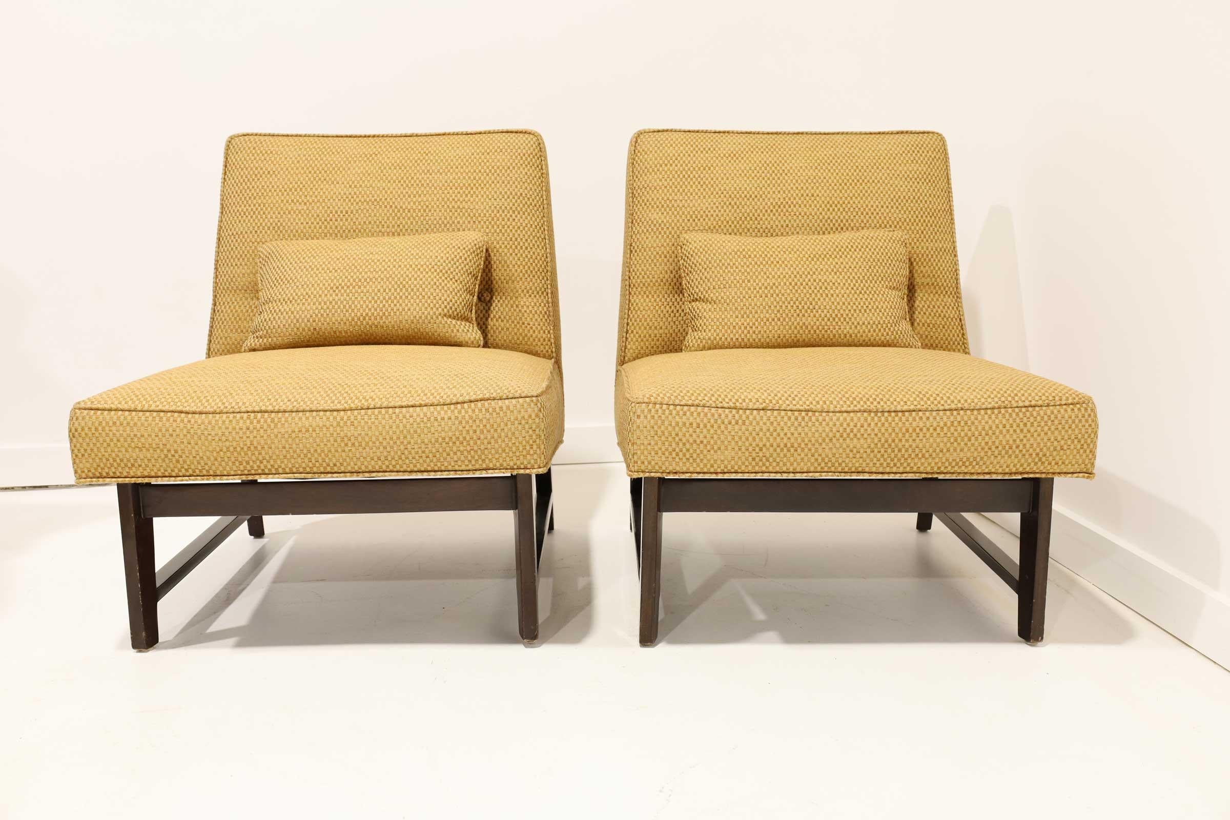 An elegant Classic design. These chairs are upholstered in a linen or silk tight weave. The kidney pillows included.