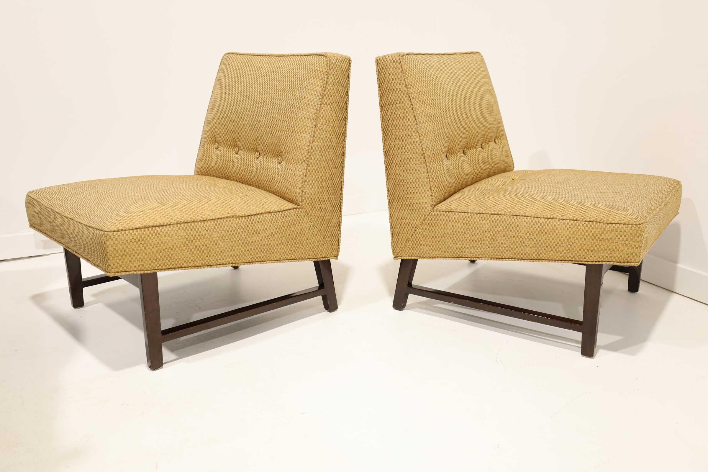 Mid-Century Modern Pair of Edward Wormley for Dunbar Slipper Chairs in Gold Color Upholstery