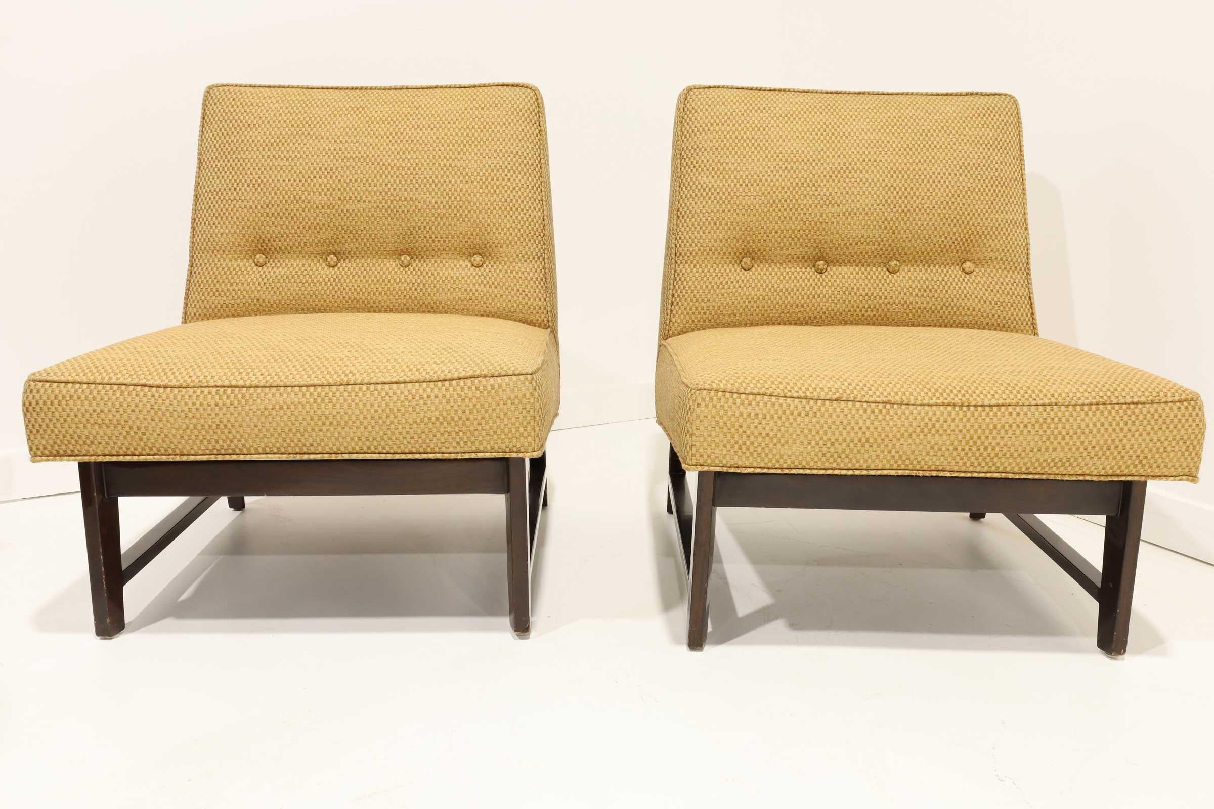 North American Pair of Edward Wormley for Dunbar Slipper Chairs in Gold Color Upholstery