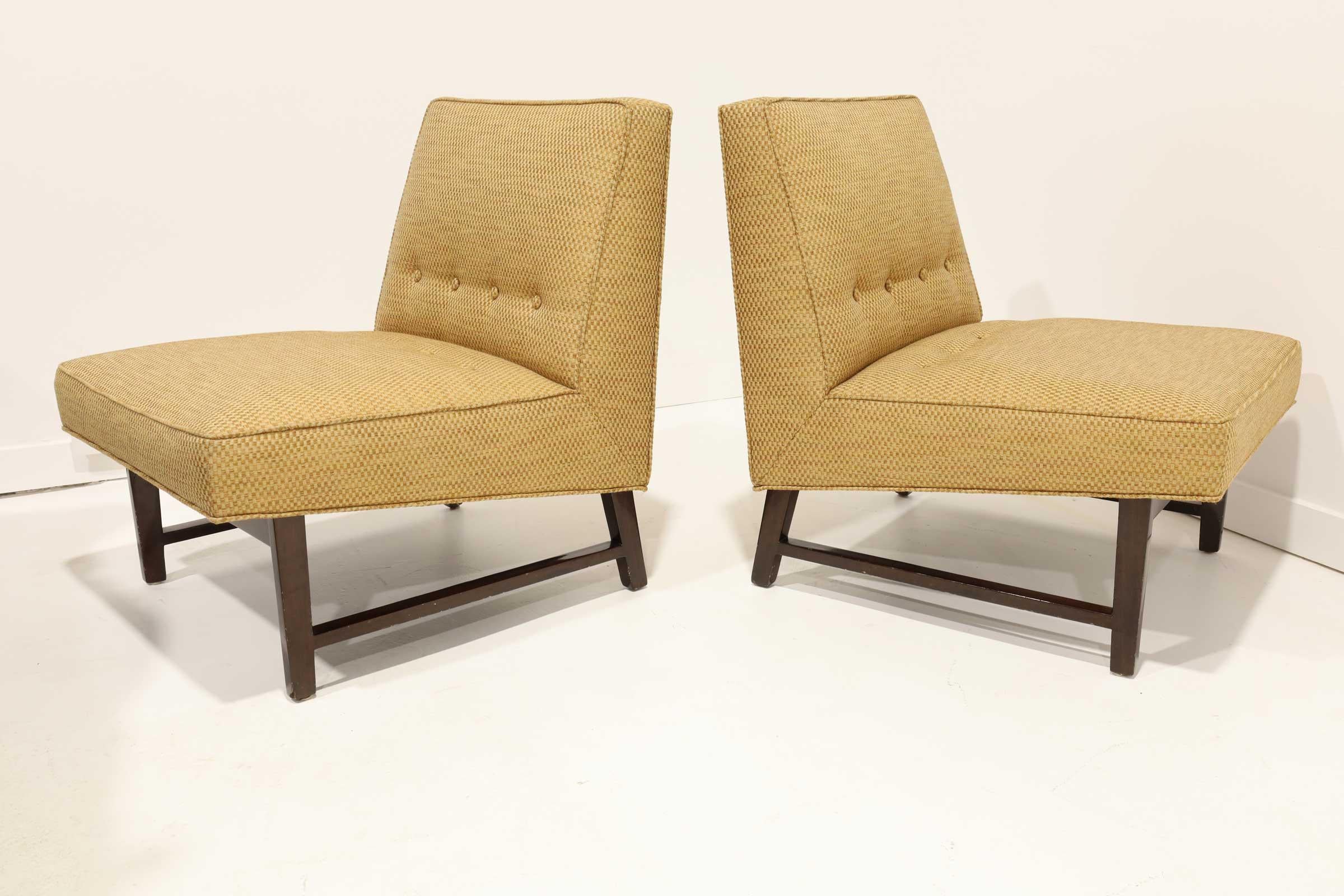 Pair of Edward Wormley for Dunbar Slipper Chairs in Gold Color Upholstery In Good Condition In Dallas, TX