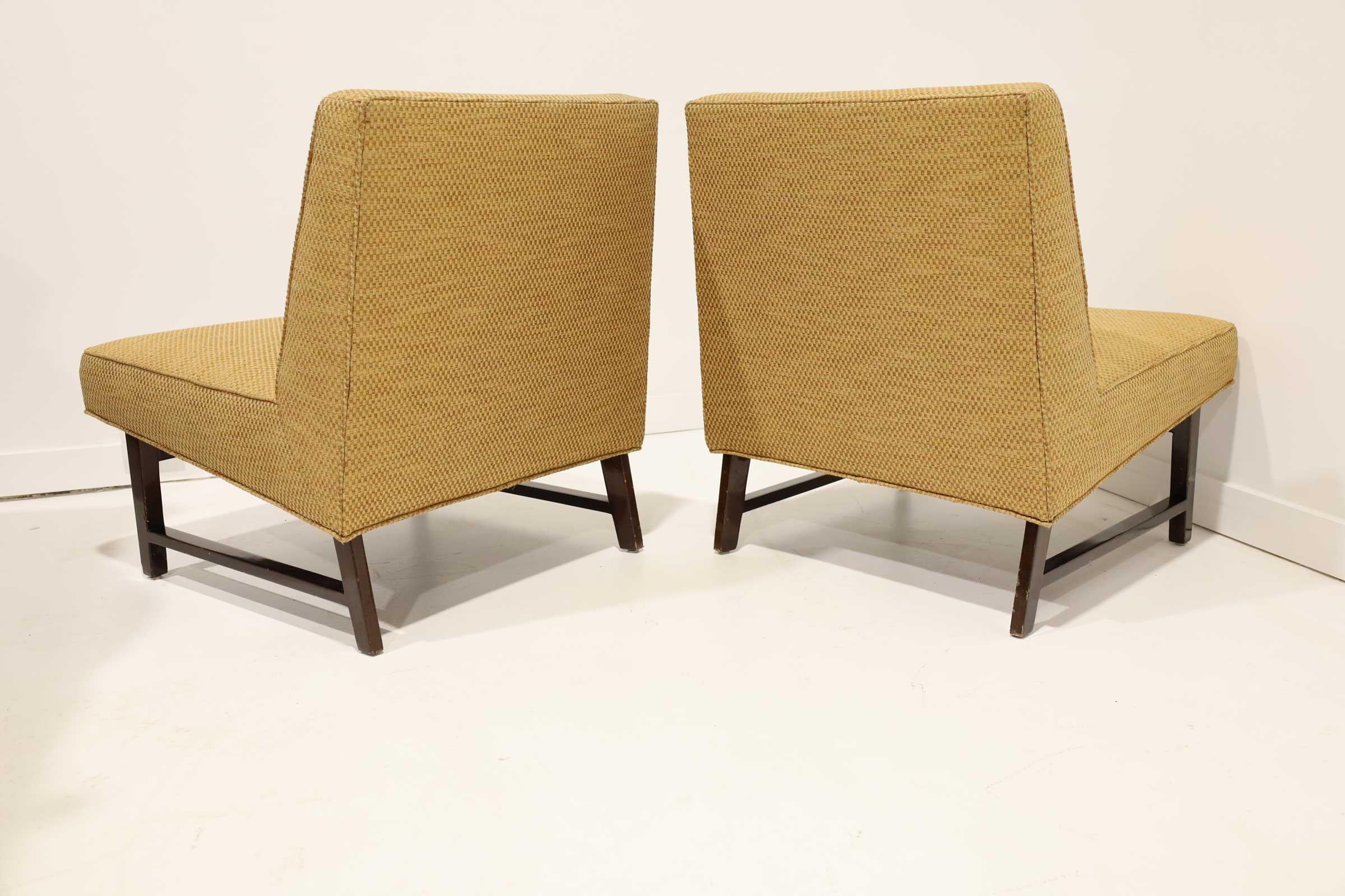 Pair of Edward Wormley for Dunbar Slipper Chairs in Gold Color Upholstery 1