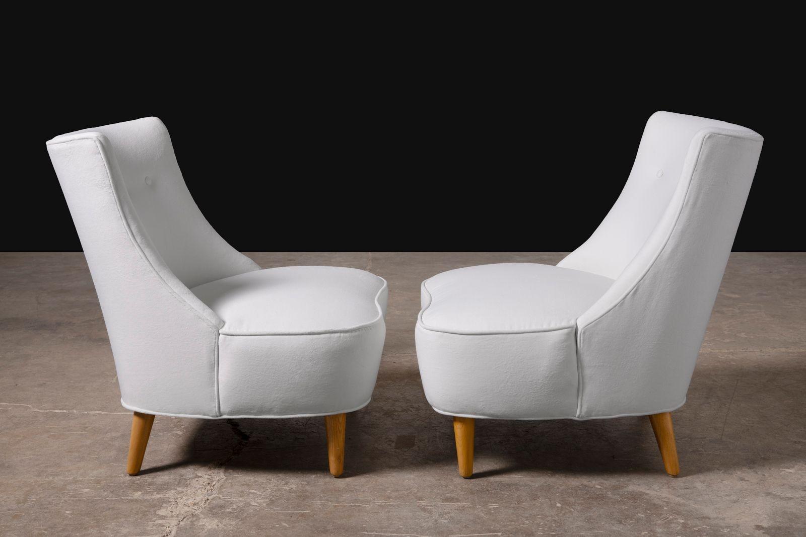 Mid-Century moderno Pair of Edward Wormley for Dunbar Teardrop Slipper Chairs in White Velvet in vendita