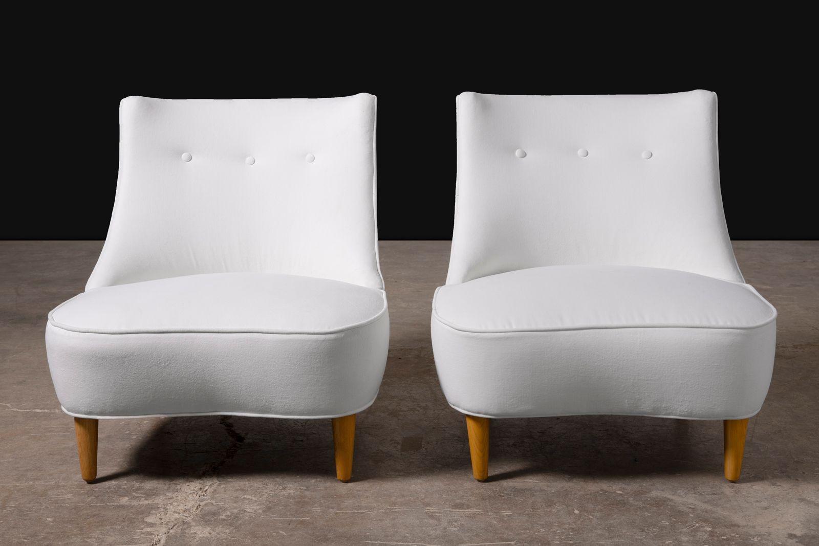 Americano Pair of Edward Wormley for Dunbar Teardrop Slipper Chairs in White Velvet in vendita