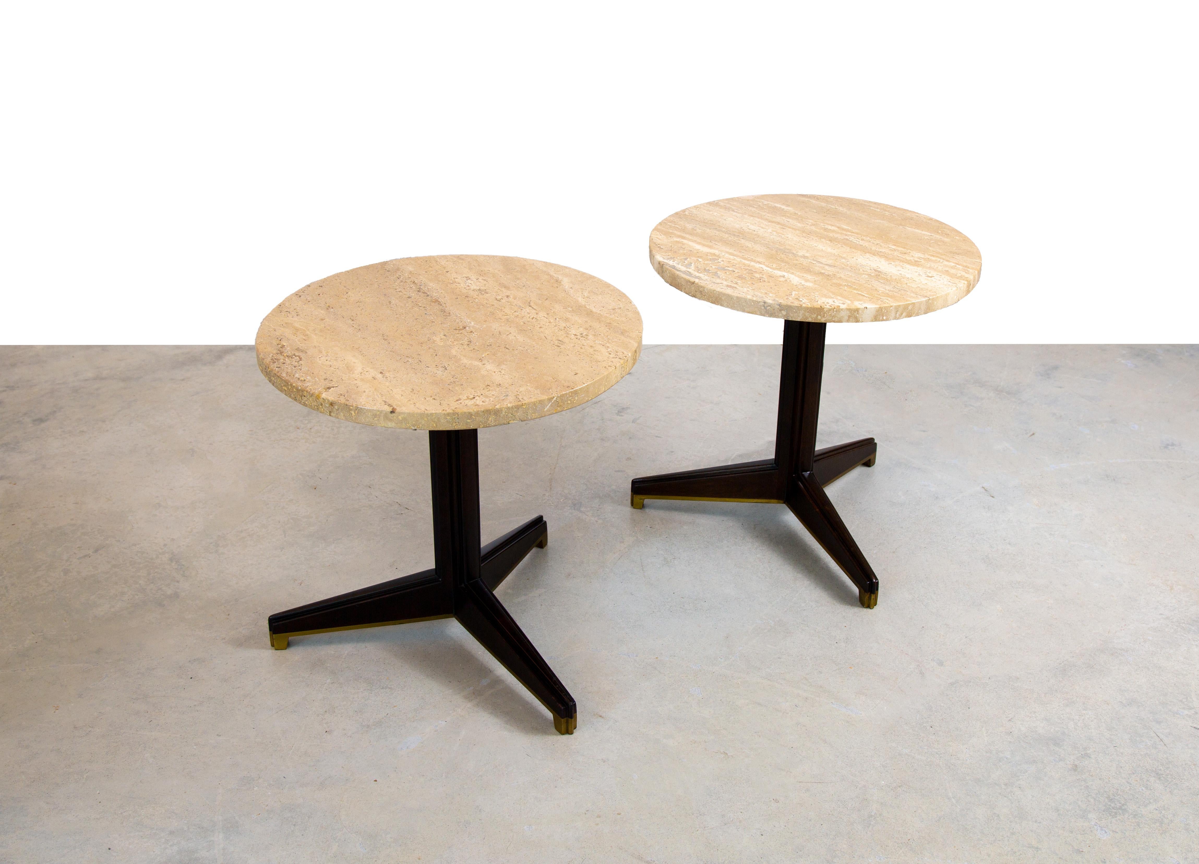 Pair of Edward Wormley for Dunbar travertine and brass pedestal side tables  For Sale 5