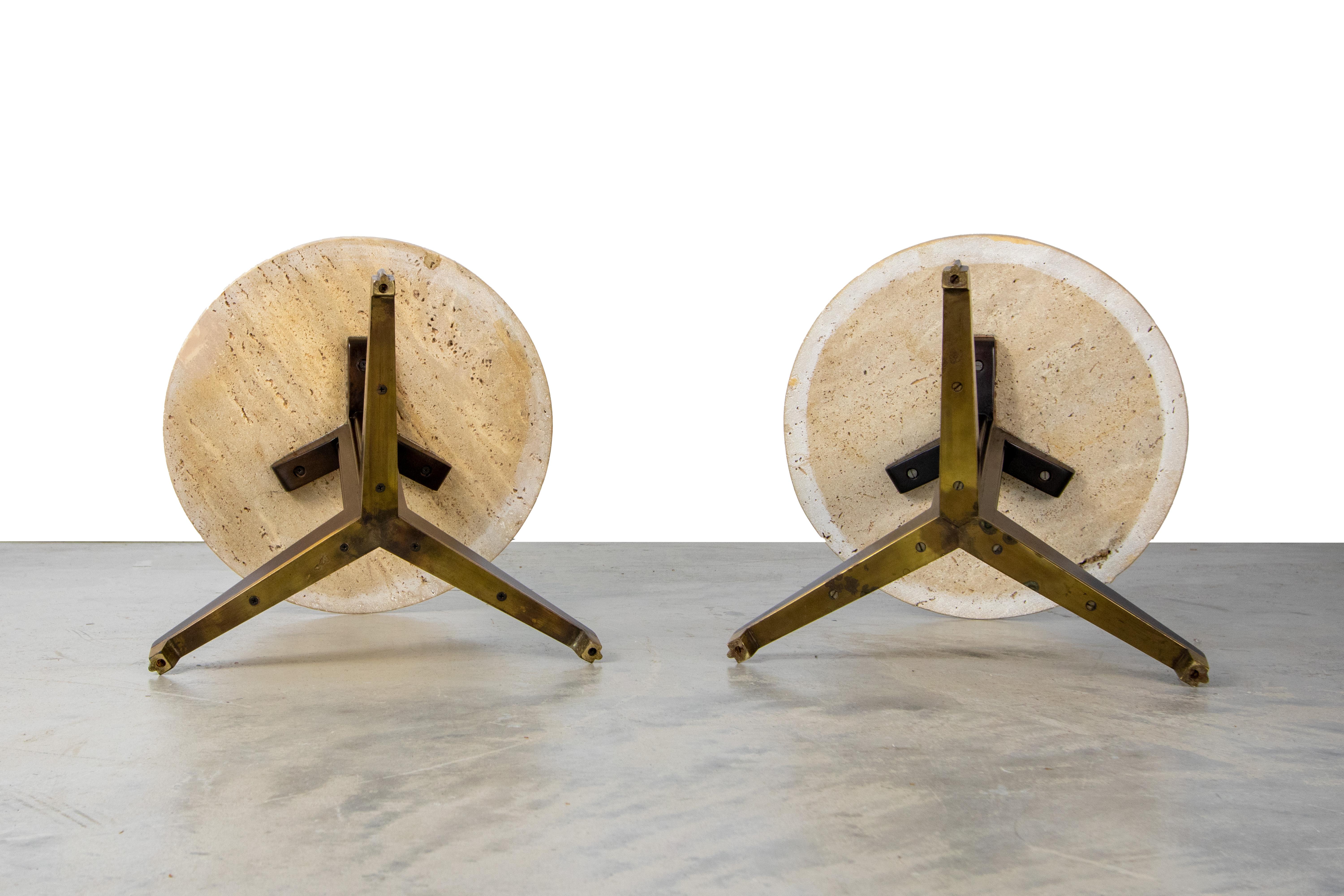 Pair of Edward Wormley for Dunbar travertine and brass pedestal side tables  For Sale 1