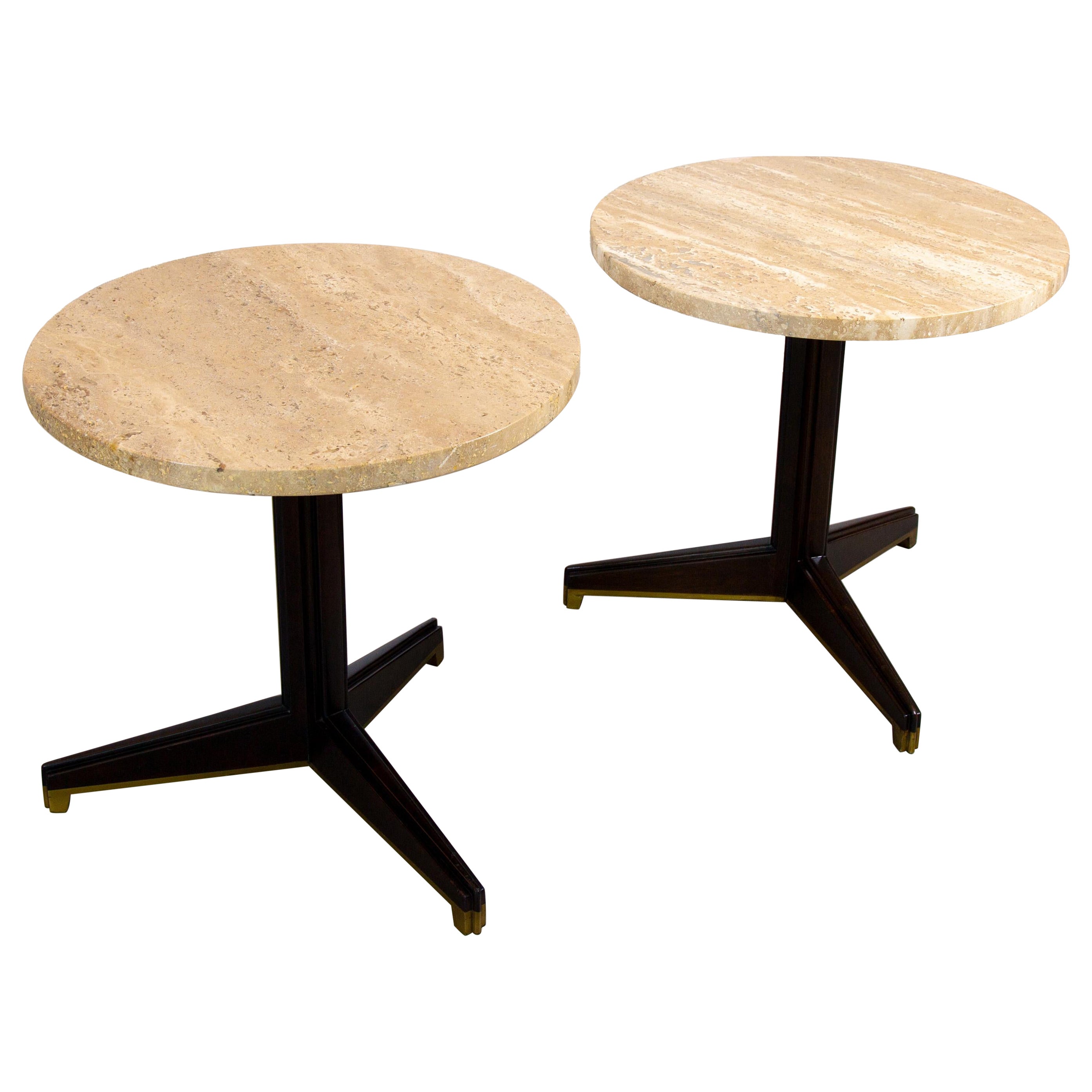 Pair of Edward Wormley for Dunbar travertine and brass pedestal side tables