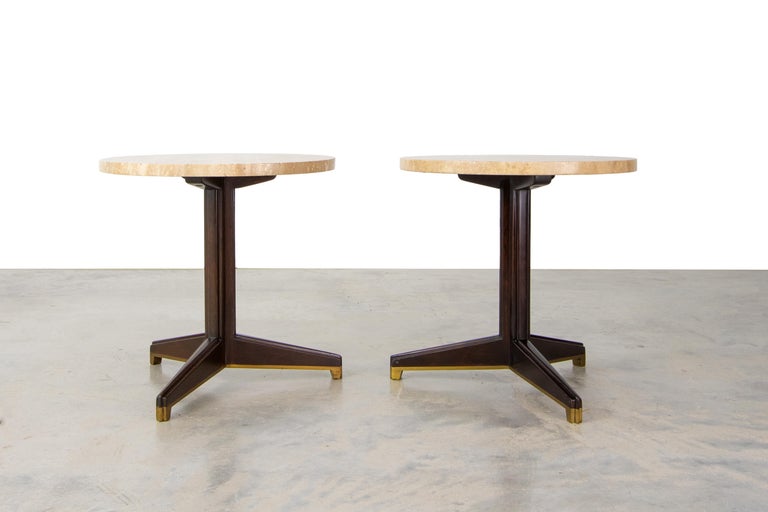 Mid-Century Modern Pair of Edward Wormley for Dunbar travertine pedestal side tables mid century For Sale