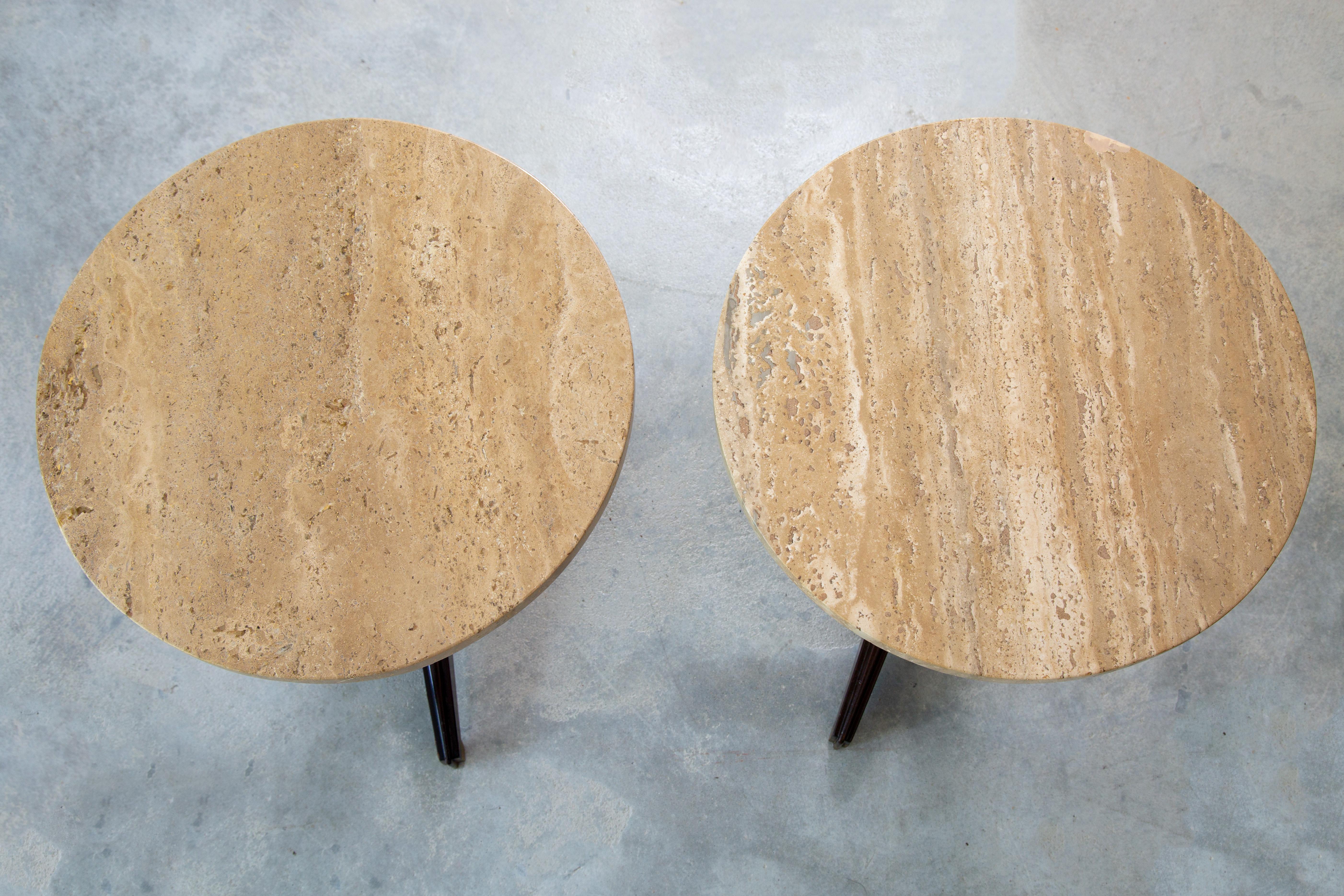 Pair of Edward Wormley for Dunbar travertine pedestal side tables mid century 1