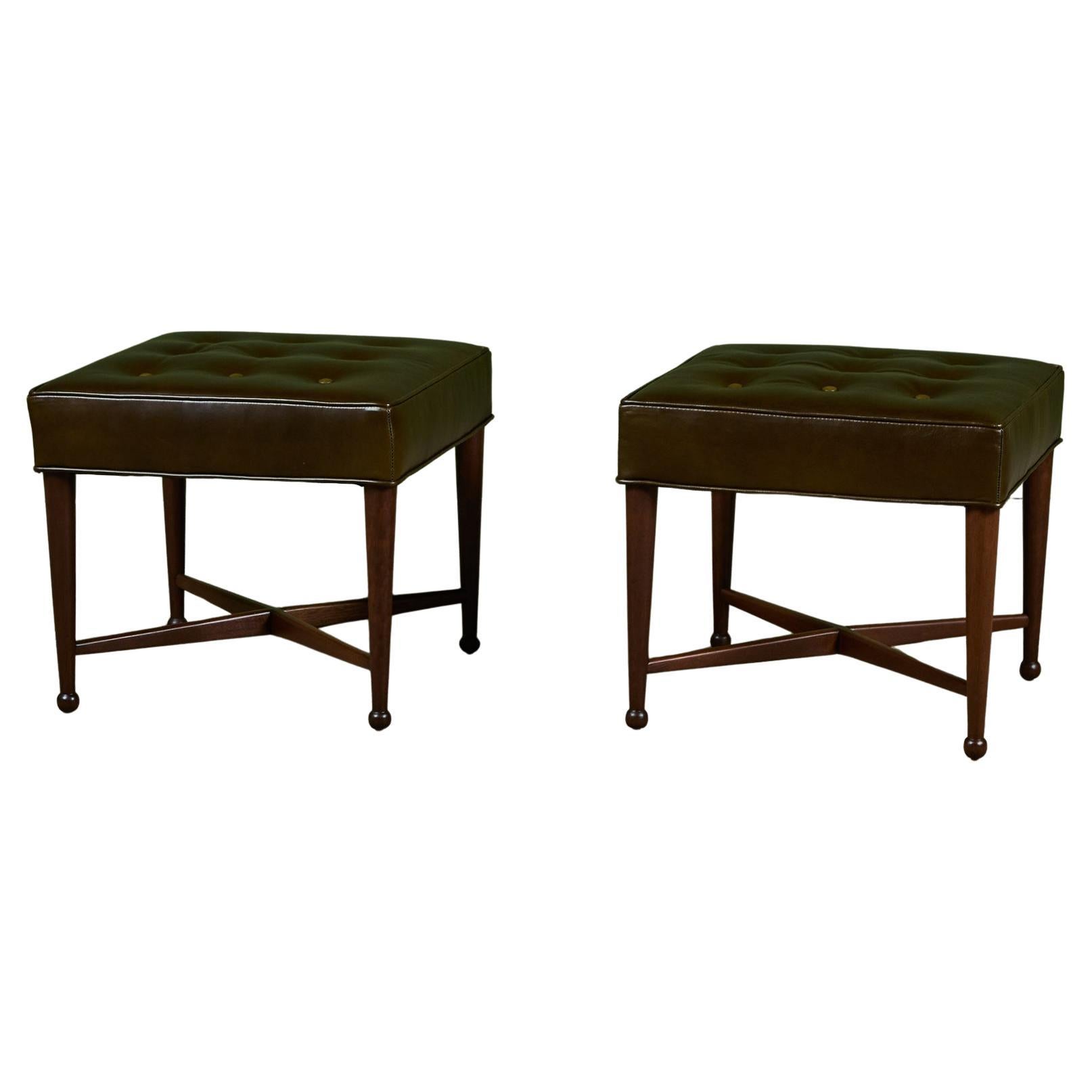 Pair of Edward Wormley Green Leather Ottomans for Dunbar