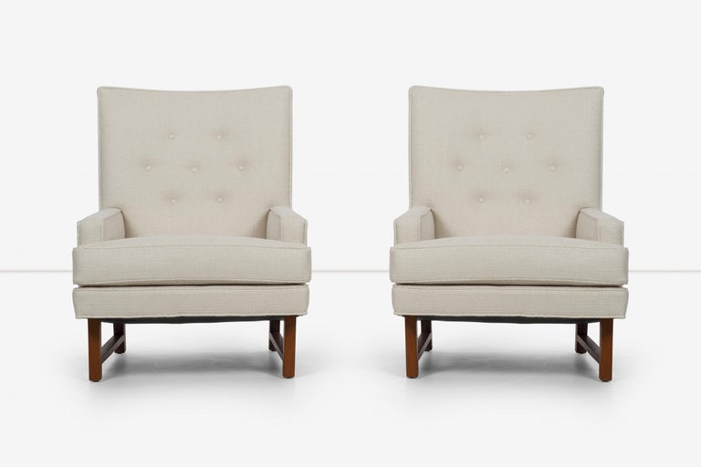 Pair of Edward Wormley Janus Group Lounge Chairs model 5682, Solid oiled walnut bases, reupholstered with Great Plains Woven textured wool.