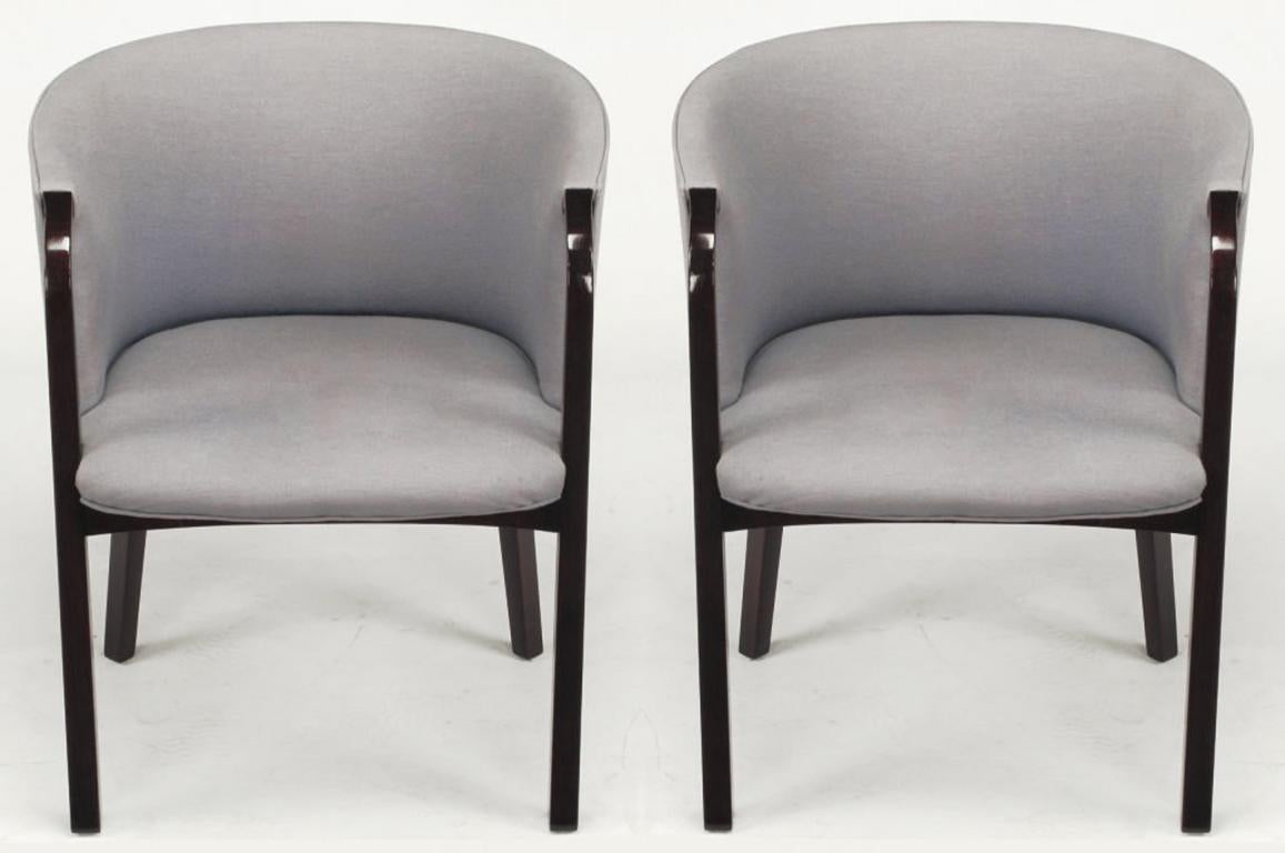 Edward Wormley for Dunbar barrel back arm chairs in mahogany and blue/gray wool upholstery. Great understated design that reveals unique qualities, would make great desk chairs as well as small lounge chairs.