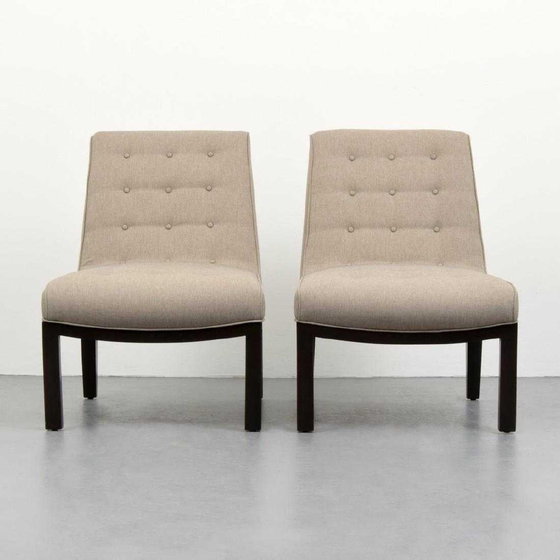 Pair of slipper chairs by Edward Wormley for Dunbar. Chair is model 5000/5000A. References: Dunbar- Fine Furniture of the 1950s, Leslie Pina, pg. 67; Dunbar/Dux, General Interiors Catalog, unpaginated.

Markings: Dunbar plaque.
 